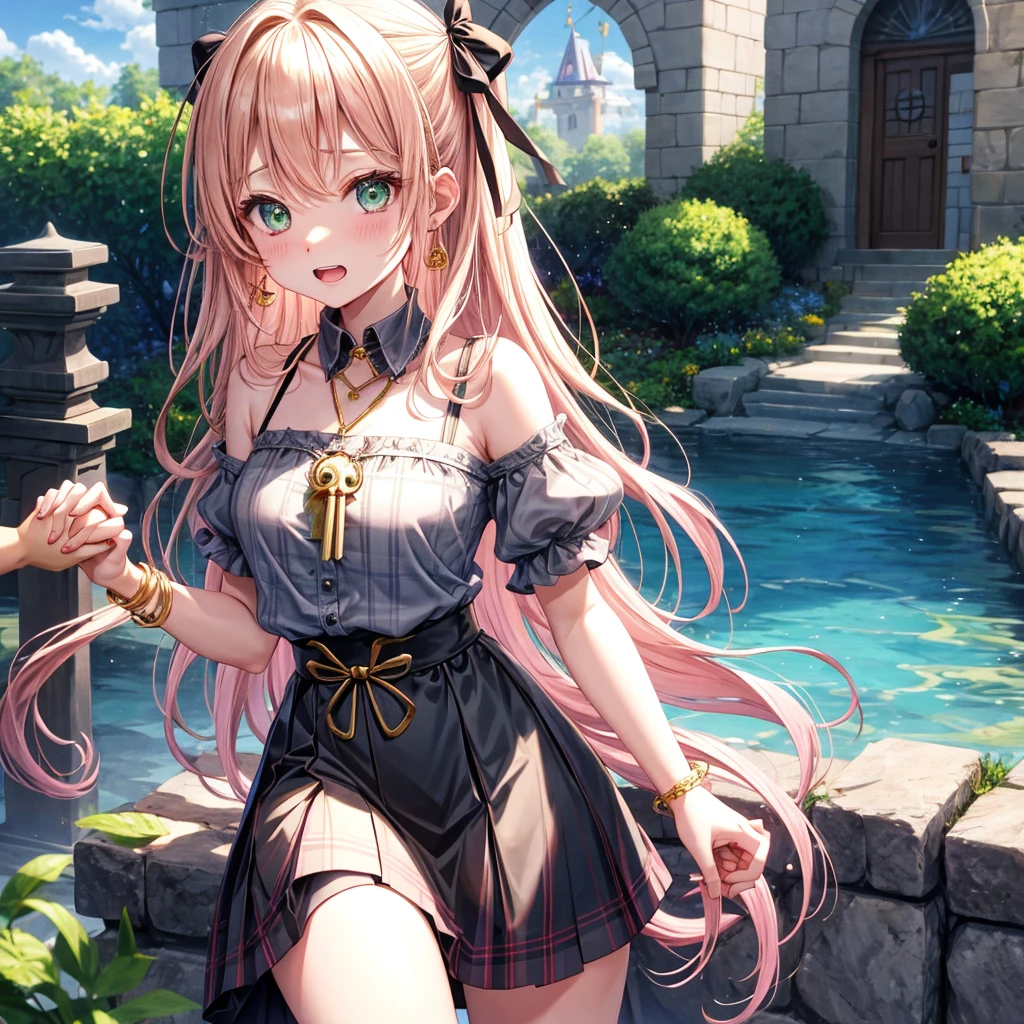 pink blonde、green eyes、one good looking girl、solo、anime、plaid mini skirt、the skirt has buttons、black camisole、black t-shirt、dress、wearing a ribbon、ribbon at waist、cloak、hood、clouds are swirling、stone slabs are piled up、one hand raised、crystal earrings、sun、teeth are visible、splash of water、vegetable garden、monster castle、ceiling、golden key、jewelry necklace、Light and shadow、holding hands