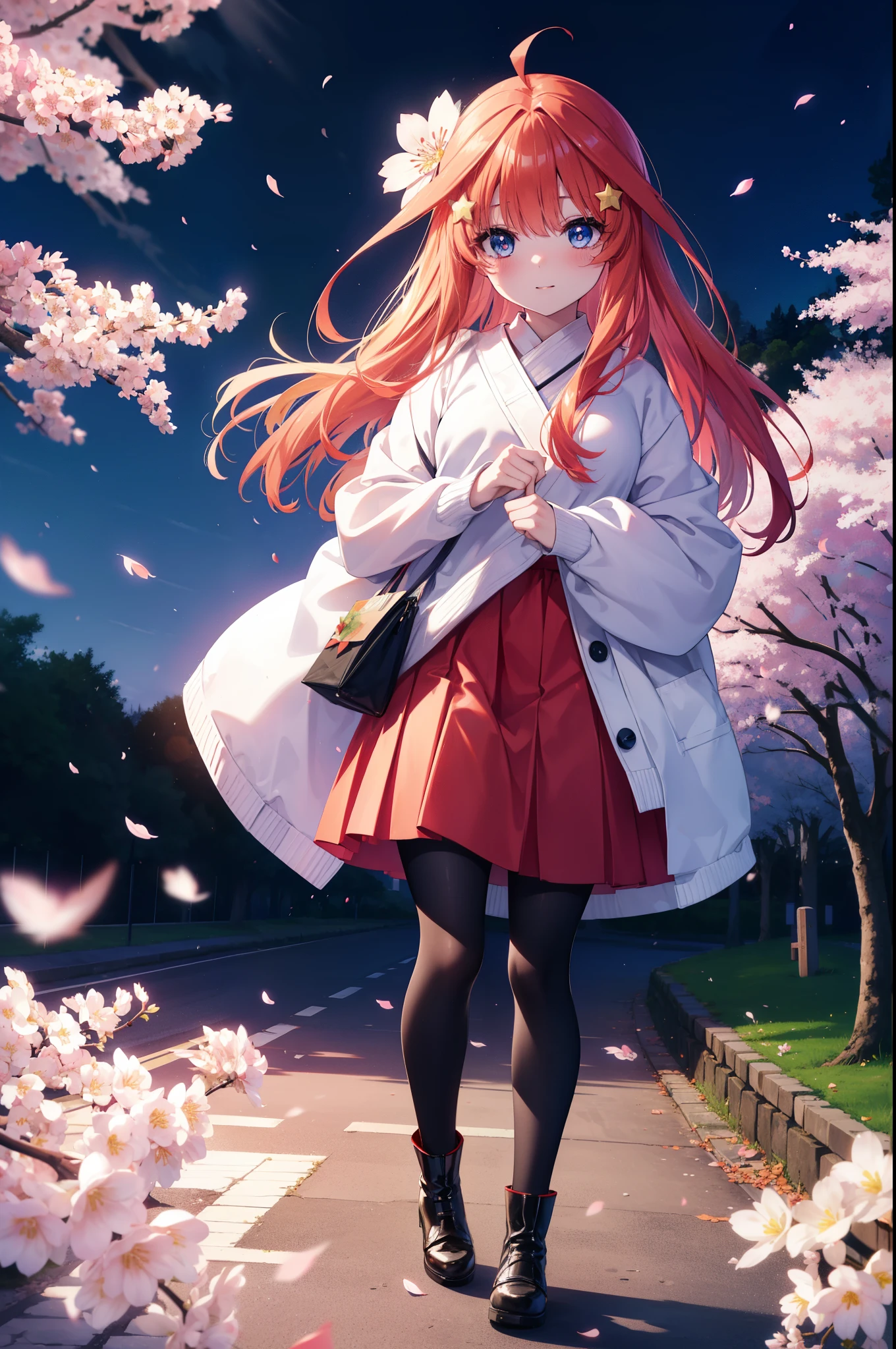 itsukinakano, Itsuki Nakano, bangs, blue eyes, hair between eyes, Ahoge, redhead, star \(symbol\), smile,blush,happy atmosphere,hair ornaments, star hair ornaments,white sweater,red long coat,black long skirt,short boots,anime girl with bag of food and bread,cherry blossoms are blooming,Cherry blossoms are scattered,night,moonlight,walking,
break outdoors, Destroying the cherry tree-lined road (masterpiece:1.2), highest quality, High resolution, unity 8k wallpaper, (figure:0.8), (detailed and beautiful eyes:1.6), highly detailed face, perfect lighting, Very detailed CG, (perfect hands, perfect ???????),