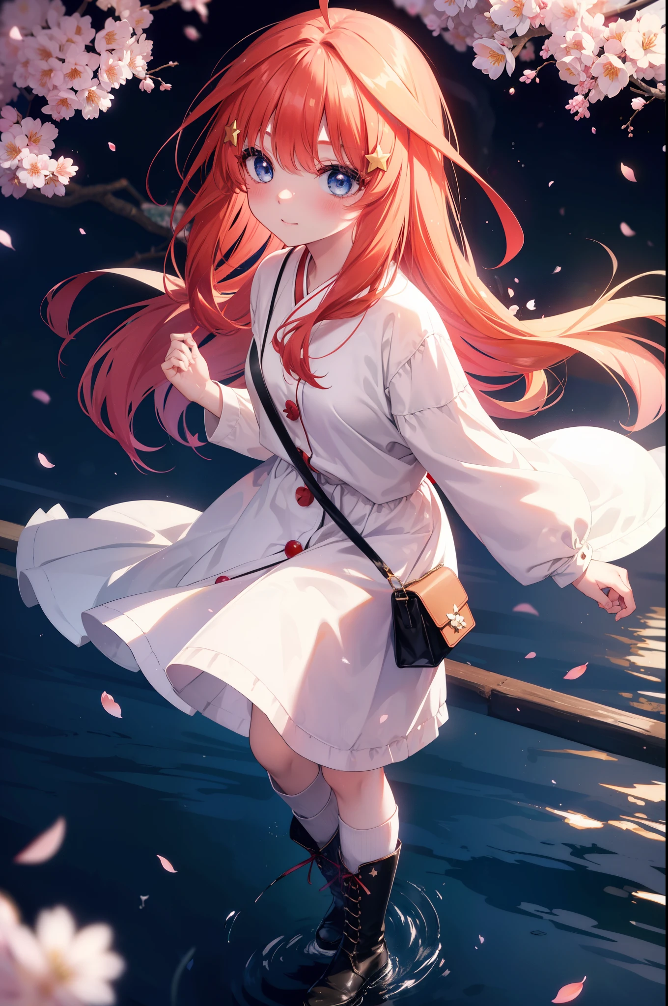 itsukinakano, Itsuki Nakano, bangs, blue eyes, hair between eyes, Ahoge, redhead, star \(symbol\), smile,blush,happy atmosphere,hair ornaments, star hair ornaments,white sweater,red long coat,black long skirt,short boots,anime girl with bag of food and bread,cherry blossoms are blooming,Cherry blossoms are scattered,night,moonlight,walking,
break outdoors, Destroying the cherry tree-lined road (masterpiece:1.2), highest quality, High resolution, unity 8k wallpaper, (figure:0.8), (detailed and beautiful eyes:1.6), highly detailed face, perfect lighting, Very detailed CG, (perfect hands, perfect anatomy),