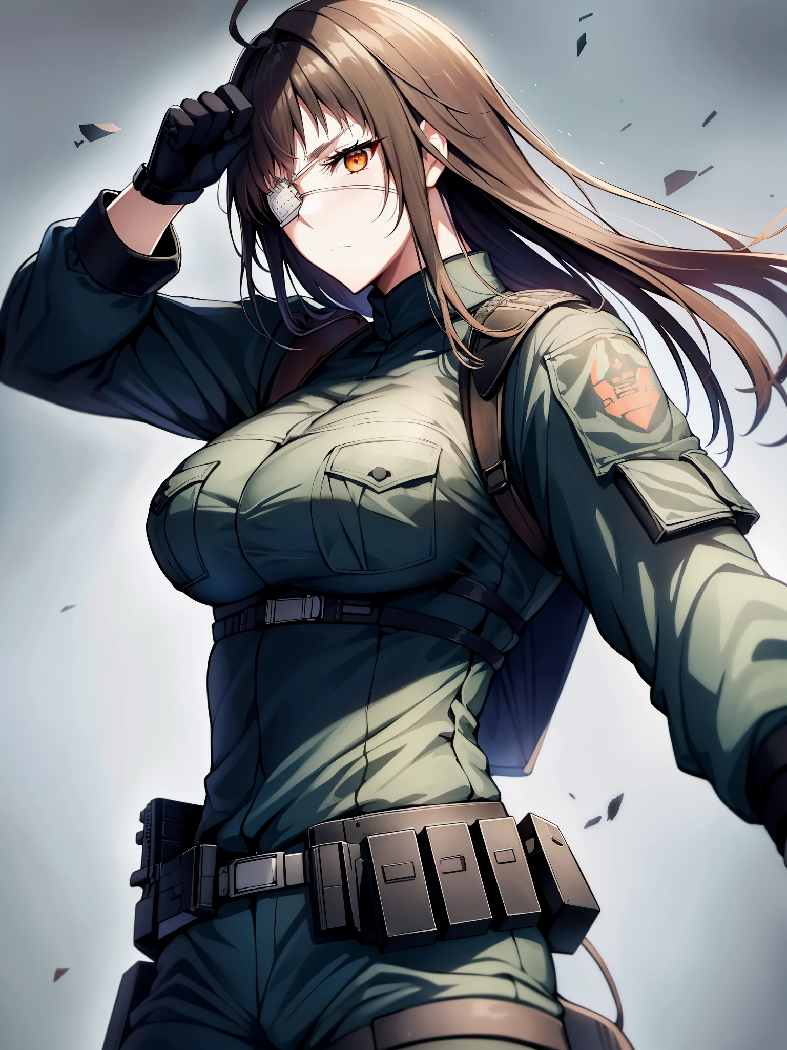 Jormungand、battlefield、１people、solo、sophia velmer、フィンランドpeople、軍peopleの家系、Major、black net、right eye patch、From his left shoulder to his shoulder blade, he has a tattoo of wings and a hand holding a knife.、（（（Muscular big-breasted mature woman ready for battle）））+++、（（（Muscular big-breasted mature woman ready for battle）））+++、With semi-long black hair、He wears a medical eyepatch over his right eye due to an injury sustained in a past battle.。Close combat with a knife、Finnish Defense Force Rapid Deployment Force(FRDF)- Belongs to the Mechanized Hunting Corps、double pistol with bayonet、Blushing and nosebleed、The battle is mostly a knife fight.。Mainly Ontario Mk.3（so-called mark 3 knife）are using。glock 17、Steer AUG A1、Firearms such as the Minimi light machine gun are also used.。