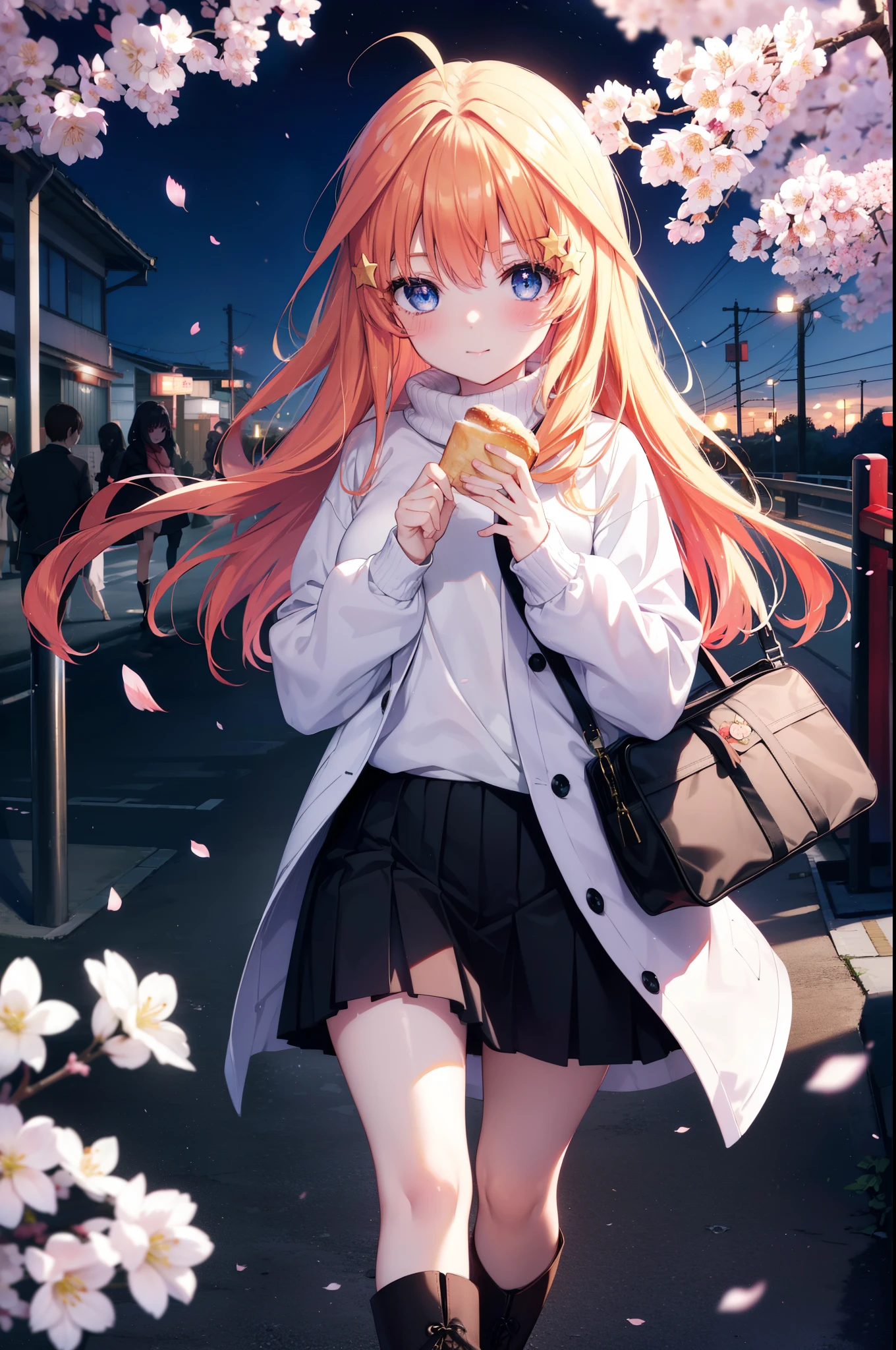 itsukinakano, Itsuki Nakano, bangs, blue eyes, hair between eyes, Ahoge, redhead, star \(symbol\), smile,blush,happy atmosphere,hair ornaments, star hair ornaments,white sweater,red long coat,black long skirt,black socks,short boots,anime girl with bag of food and bread,cherry blossoms are blooming,Cherry blossoms are scattered,night,moonlight,walking,
break outdoors, Destroying the cherry tree-lined road (masterpiece:1.2), highest quality, High resolution, unity 8k wallpaper, (figure:0.8), (detailed and beautiful eyes:1.6), highly detailed face, perfect lighting, Very detailed CG, (perfect hands, perfect anatomy),