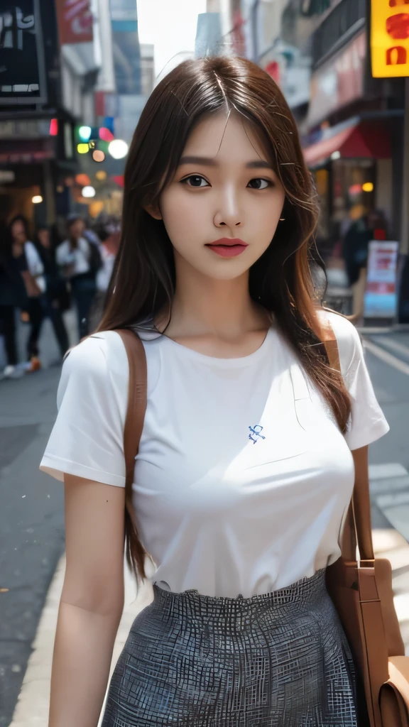 close-up of beautiful korean female, 34 inch breasts size,  wearing t-shirt, black cap, in the market, UHD