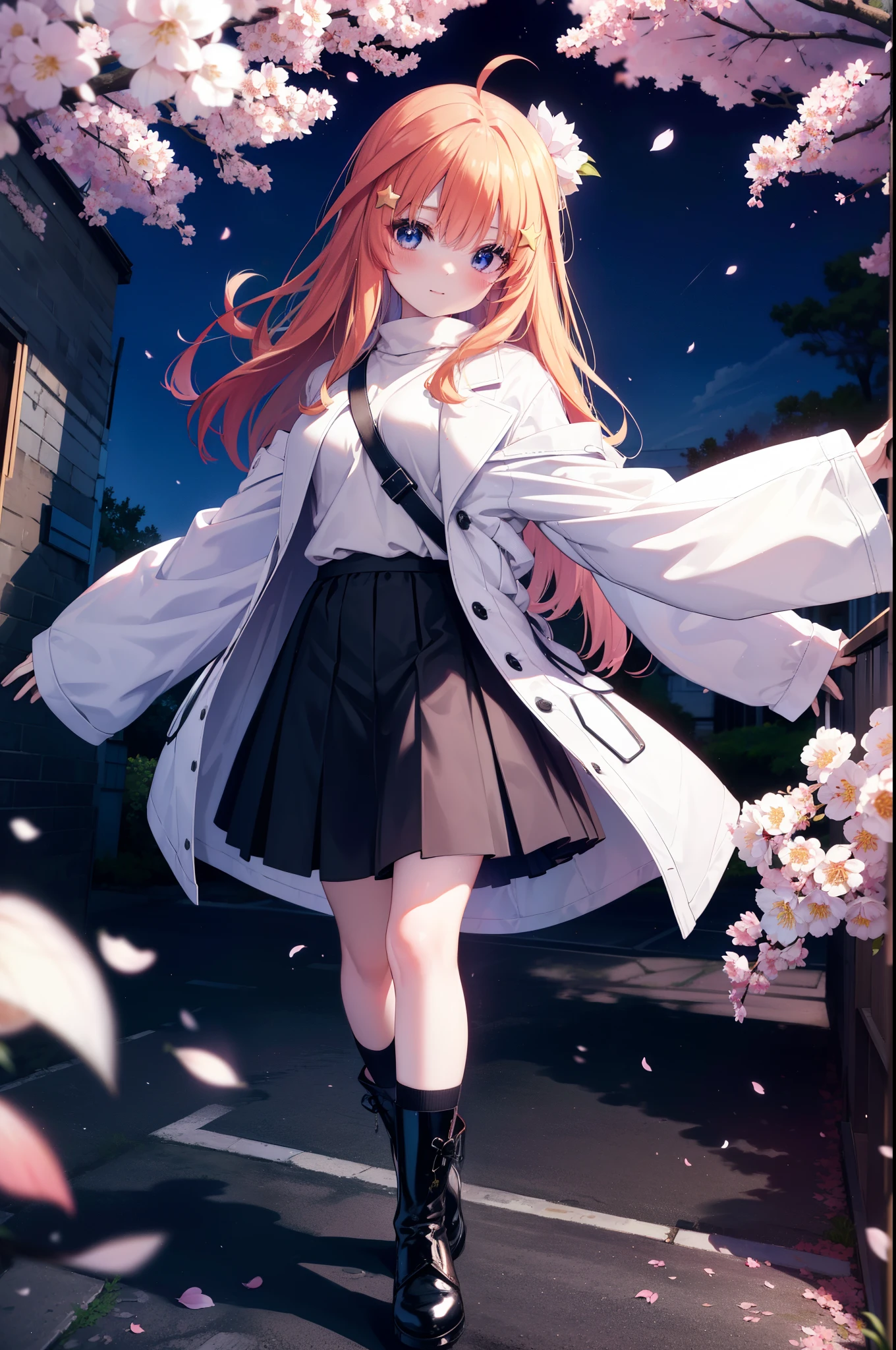 itsukinakano, Itsuki Nakano, bangs, blue eyes, hair between eyes, Ahoge, redhead, star \(symbol\), smile,blush,happy atmosphere,hair ornaments, star hair ornaments,white sweater,red long coat,black long skirt,black socks,short boots,anime girl with bag of food and bread,cherry blossoms are blooming,Cherry blossoms are scattered,night,moonlight,walking,
break outdoors, Destroying the cherry tree-lined road (masterpiece:1.2), highest quality, High resolution, unity 8k wallpaper, (figure:0.8), (detailed and beautiful eyes:1.6), highly detailed face, perfect lighting, Very detailed CG, (perfect hands, perfect anatomy),