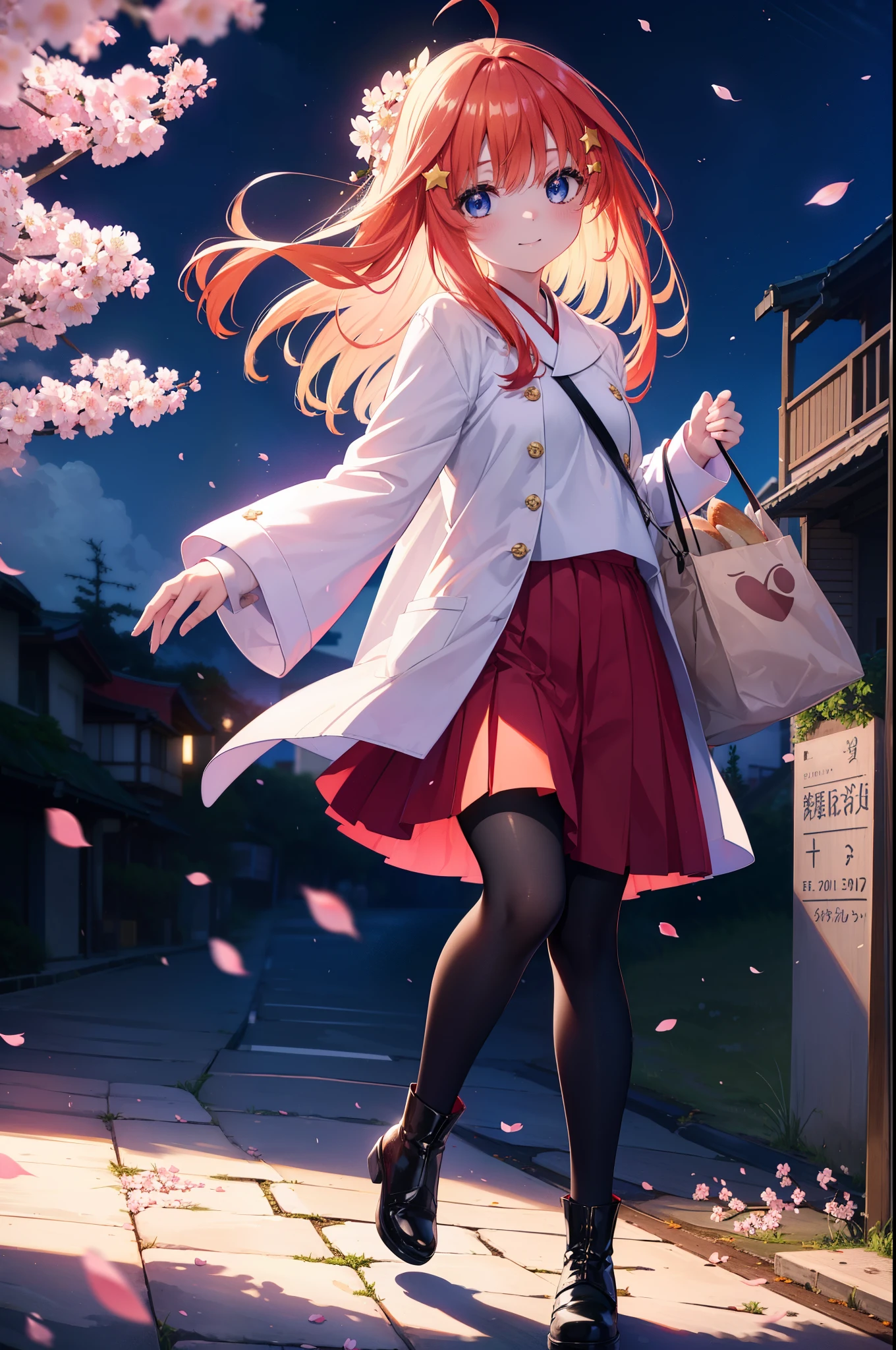 itsukinakano, Itsuki Nakano, bangs, blue eyes, hair between eyes, Ahoge, redhead, star \(symbol\), smile,blush,happy atmosphere,hair ornaments, star hair ornaments,white sweater,red long coat,black long skirt,black pantyhose,short boots,anime girl with bag of food and bread,cherry blossoms are blooming,Cherry blossoms are scattered,night,moonlight,walking,
break outdoors, Destroying the cherry tree-lined road (masterpiece:1.2), highest quality, High resolution, unity 8k wallpaper, (figure:0.8), (detailed and beautiful eyes:1.6), highly detailed face, perfect lighting, Very detailed CG, (perfect hands, perfect anatomy),