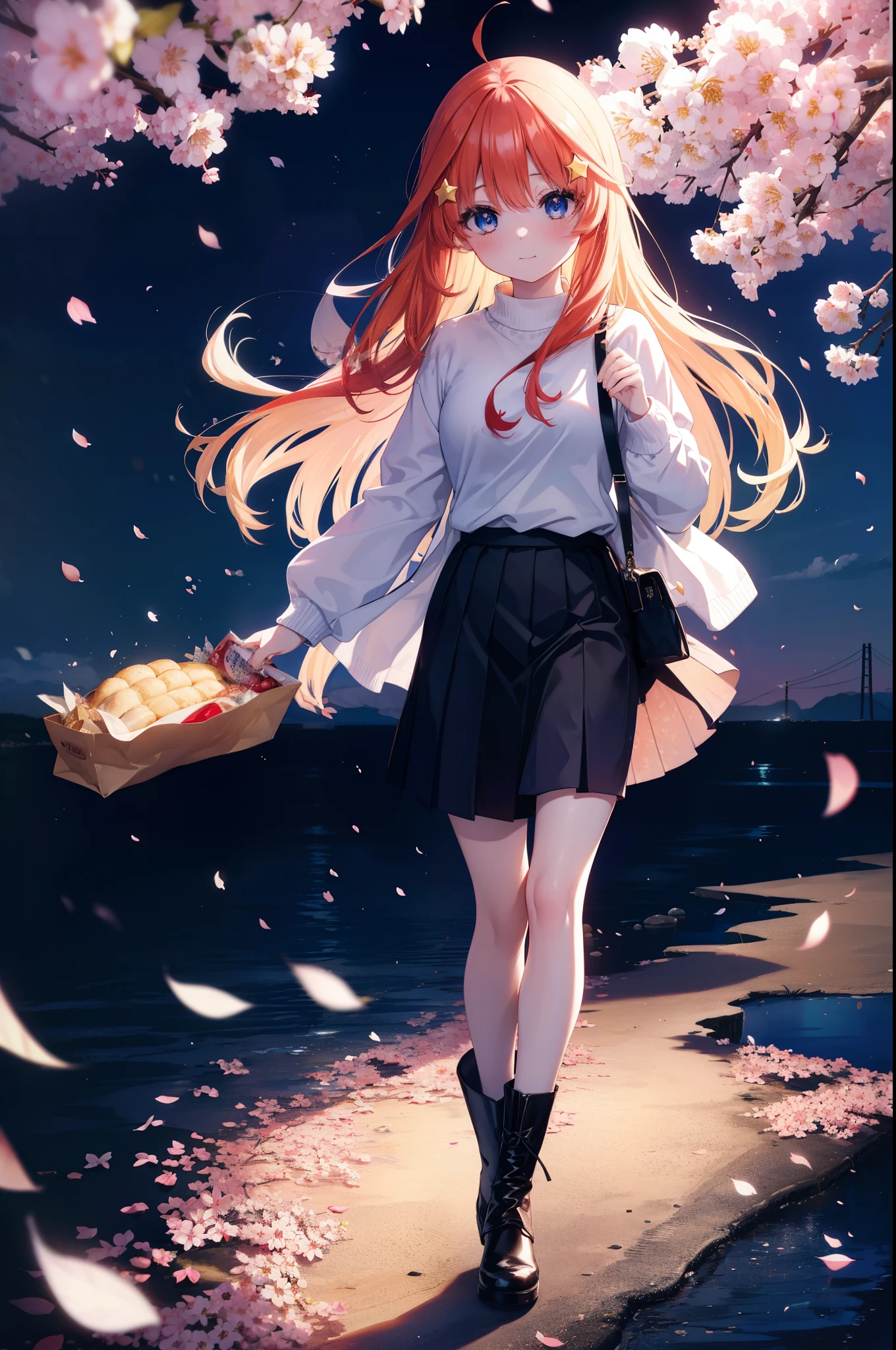 itsukinakano, Itsuki Nakano, bangs, blue eyes, hair between eyes, Ahoge, redhead, star \(symbol\), smile,blush,happy atmosphere,hair ornaments, star hair ornaments,white sweater,red long coat,black long skirt,black pantyhose,short boots,anime girl with bag of food and bread,cherry blossoms are blooming,Cherry blossoms are scattered,night,moonlight,walking,moonlightで桜を照らしてる,
break outdoors, Destroying the cherry tree-lined road (masterpiece:1.2), highest quality, High resolution, unity 8k wallpaper, (figure:0.8), (detailed and beautiful eyes:1.6), highly detailed face, perfect lighting, Very detailed CG, (perfect hands, perfect anatomy),