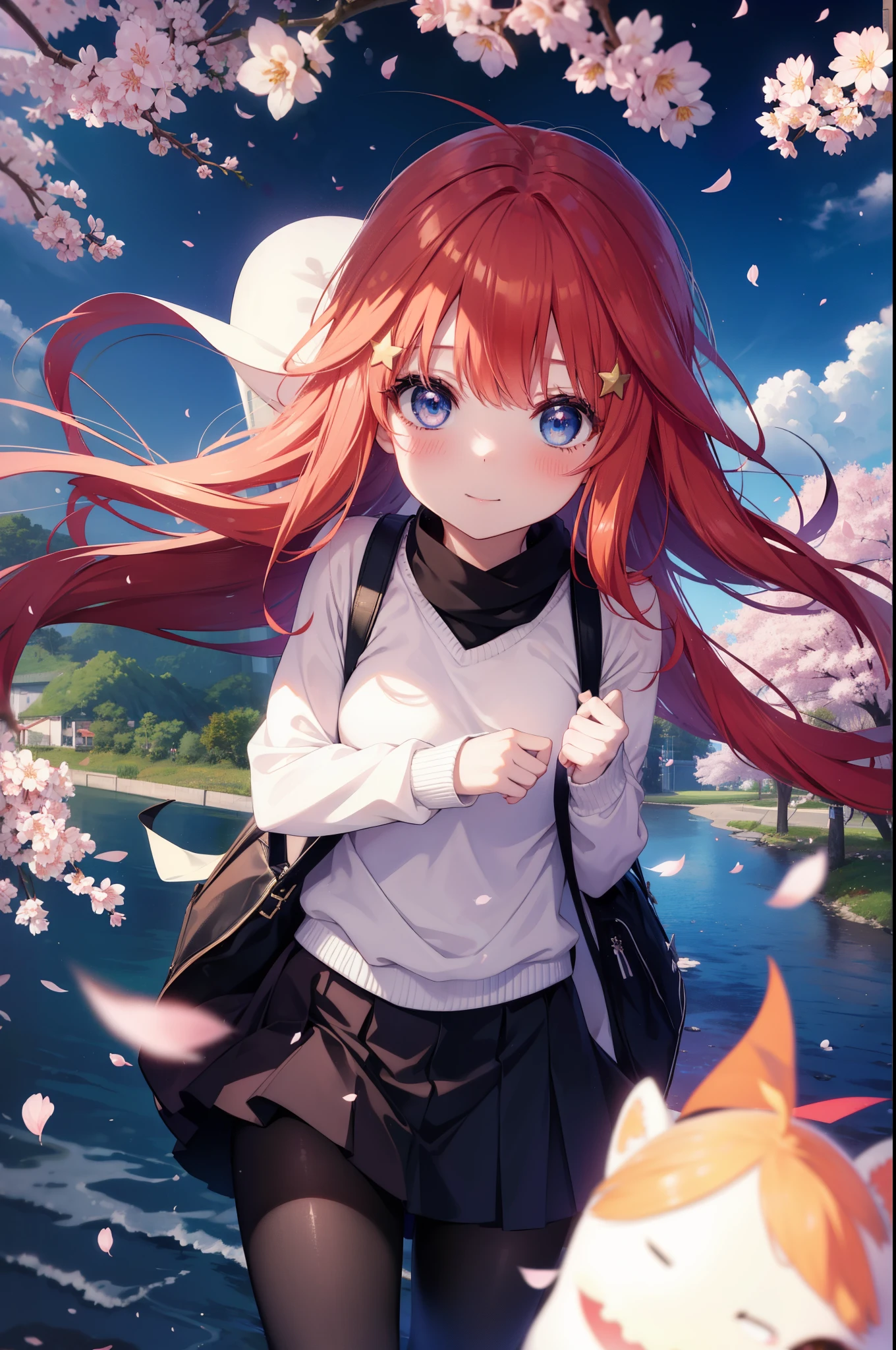 itsukinakano, Itsuki Nakano, bangs, blue eyes, hair between eyes, Ahoge, redhead, star \(symbol\), smile,blush,happy atmosphere,hair ornaments, star hair ornaments,white sweater,red long coat,black long skirt,black pantyhose,short boots,anime girl with bag of food and bread,cherry blossoms are blooming,Cherry blossoms are scattered,night,moonlight,walking,moonlightで桜を照らしてる,
break outdoors, Destroying the cherry tree-lined road (masterpiece:1.2), highest quality, High resolution, unity 8k wallpaper, (figure:0.8), (detailed and beautiful eyes:1.6), highly detailed face, perfect lighting, Very detailed CG, (perfect hands, perfect anatomy),