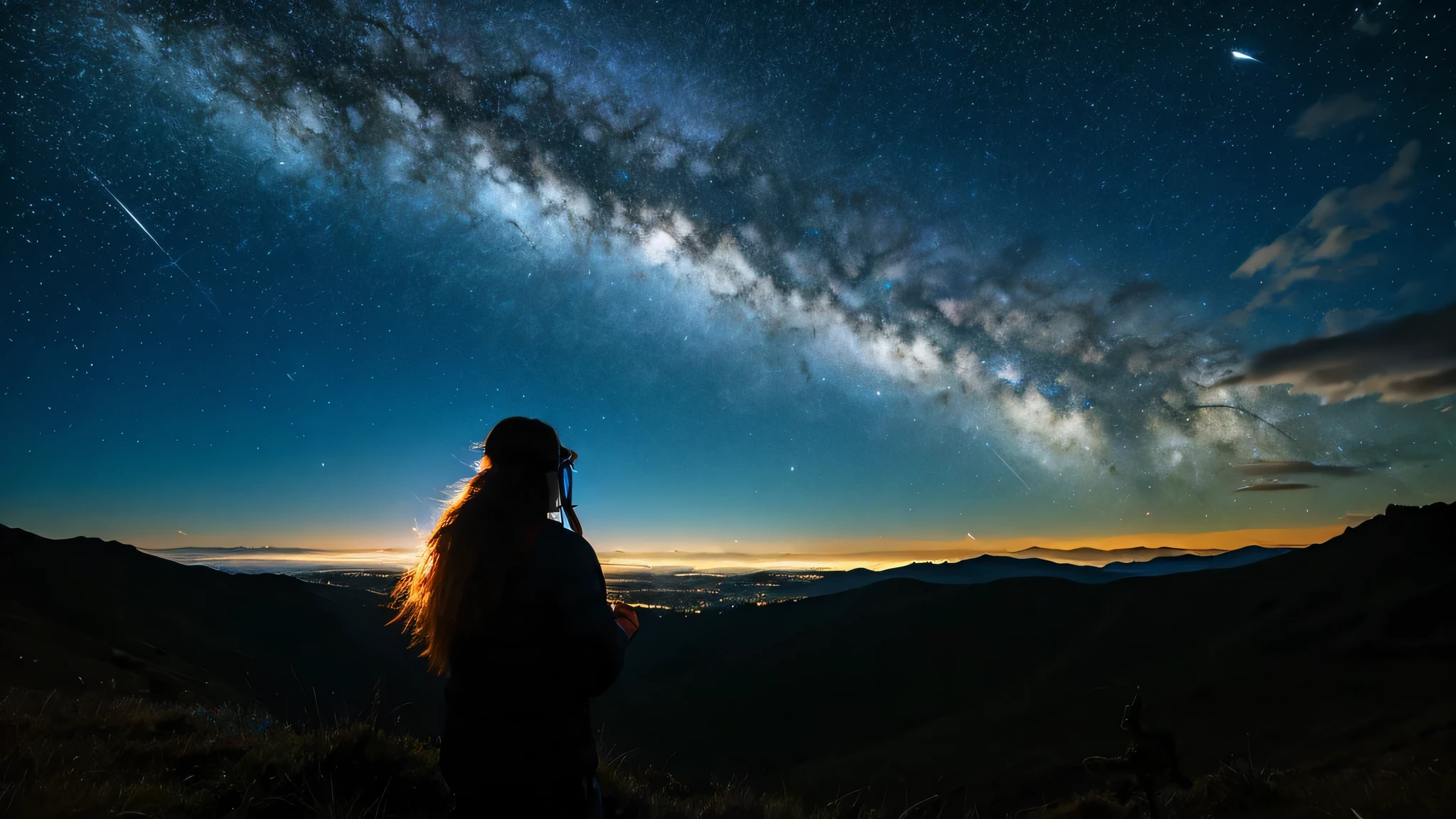 masterpiece, highest quality, night, hills, cloud, full moon, long hair, woman, silhouette, firefly.Wide sky,wear headphones,shooting star