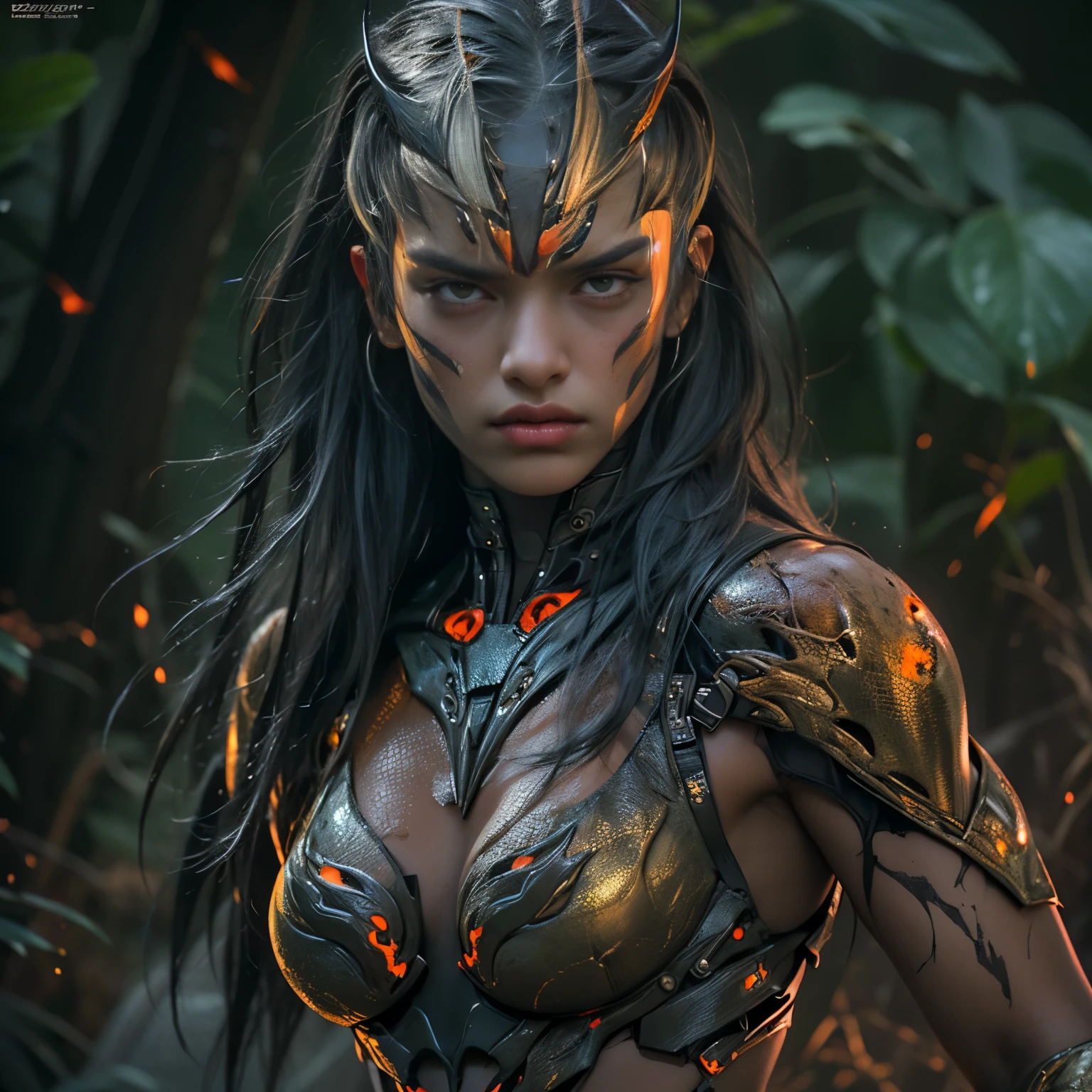 1 female alien, The predator, (extremely beautiful:1.2), (intense gaze:1.4), (predator:1.1), long dark claws, (NSFW:1), nipples, thick eyebrows, (She has shining orange eyes:1.2), the most beautiful face in the universe, jet black hair, symmetrical beautiful eyes, hyper detailed eyes,

A woman predator with an extremely beautiful face, her intense gaze fixed on her prey, a primal force that could not be denied.

(beautiful lean body:1.5), (muscular build:1.2), (prowling:1.3), (sleek movements:1.4)

Her beautiful body, muscular and toned, moved with sleek grace as she prowled, ready to strike at a moment's notice. The predator within her was always on,                                                                          
                                                                                                                                                               
 cinematic drawing of characters, ultra high quality model, cinematic quality, detail up, (Intricate details:1.2), High resolution, High Definition, drawing faithfully, Official art, Unity 8K wall , 8K Portrait, Best Quality, Very High resolution, ultra detailed artistic photography,