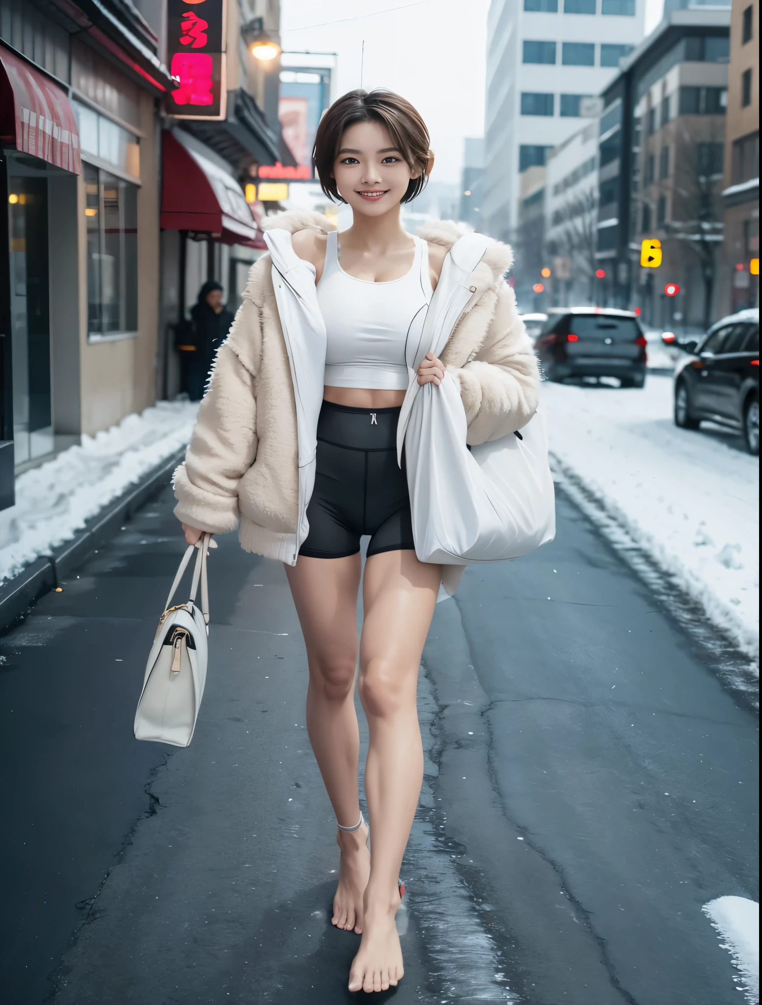 sports bra，Big breasts，abdominal muscles，loose flat feet，Standing barefoot on the ground，no socks，no pants，long legs，bare legs，no clothes，fair skin