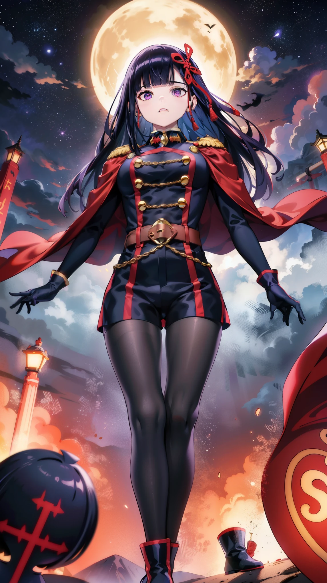 highest quality,masterpiece,from_Downに,looking for_in_viewer,looking for_Down,masterpiece,Highly detailed CG Unity 8k,movie lighting,
yamashiro768, purple eyes, 1 girl, pantyhose, 一人in, black hair, purple eyes, gloves, cape, long hair, white gloves, chest, black pantyhose, belt, red cape, boots, blue shoes, whole body, large chest, hair ornaments, looking for in viewer, お誕生日おめinとう, bangs, long sleeve, Purple shoes, high heels, cloud
 