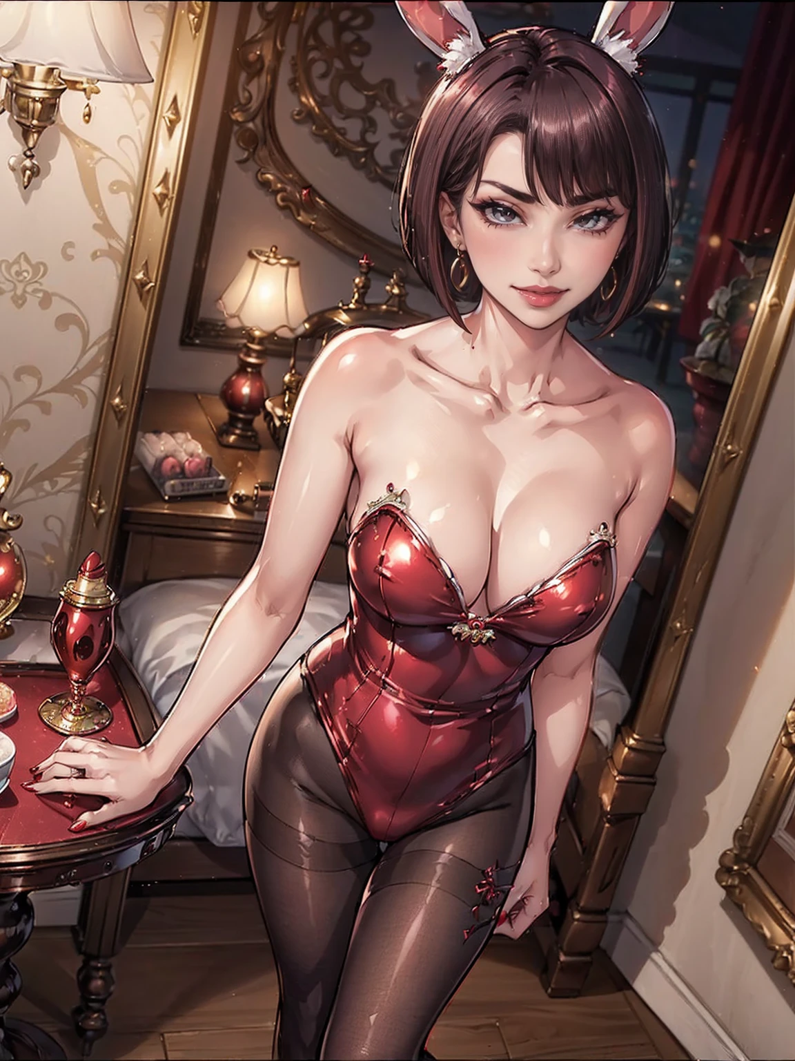 ((Woman, Hands on hips, shiny eyes, 1girl, milf, standing, sexy pose, ((Itsuki Shima, mature female, (cowboy shot:1.2), short hair, brown hair, bob cut, shy, brown eyes, looking at viewer, perfect body, perfect eyes, anime eyes, eyeshadow, perfect face, (blush, smirking:1.1), sharp focus, professional artwork, intricate details)), ((pink lipstick, Extremely detailed, ambient soft lighting, 4k, perfect eyes, a perfect face, perfect lighting, a 1girl)) austere, (malicious, ((intricate detailed, 1girl, alone, mature woman, solo, full body, looking at viewer, mischievous smile, ((jade, earrings)), jewelry, (bunny girl costume, bunny ear, swimsuit, pantyhose, red lipstick), room, luxury suite, hotel, frames, elegant decoration)))