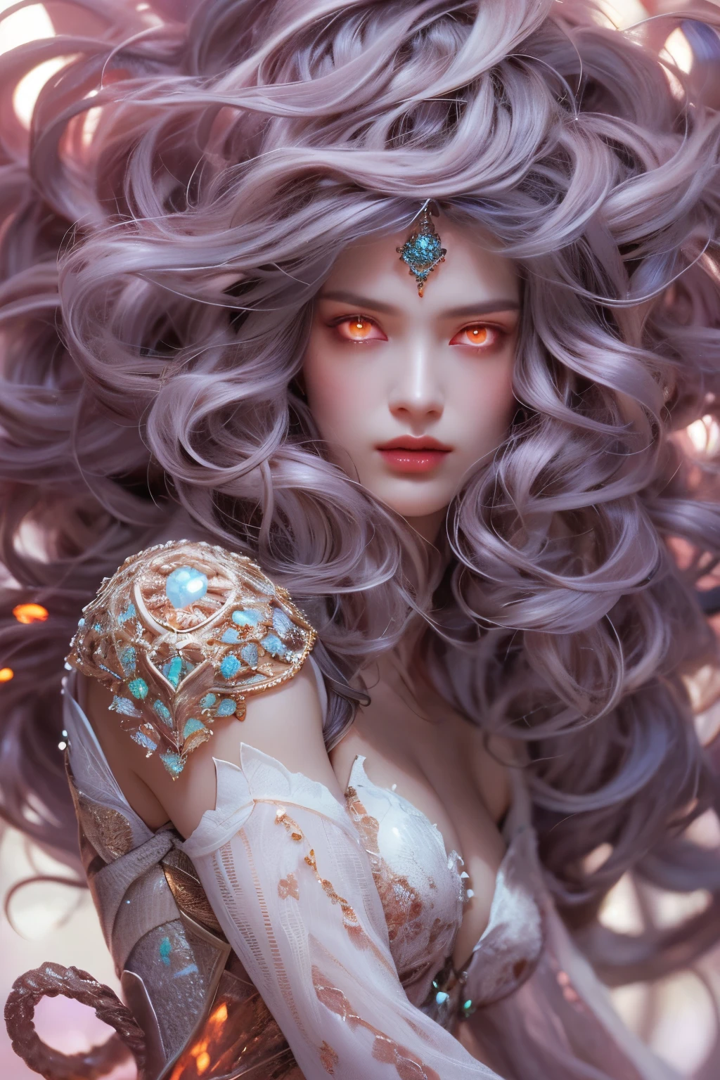 (1 female medusa-like mutant: 1.2), With a beautiful, enchanting face, this alien seduces us with her allure. Her captivating red eyes gleam brightly, reminiscent of burning embers. Her full body is unlike any human's, boasting a sexy, otherworldly form. No humans are present in this scene as she stands alone, her cells fused in a unique and intriguing extraterrestrial way.
(extraordinary beautiful nude photo:1.4), (glowing Rhodonite eyes:1.5), (sexy and glamorous:1.1), (coquettish expression:1.2), toned lean body, (muscular:1.2), (beautiful abs:1.5), beautiful nipples,  She has lots of iridescent translucent tentacles instead of her hair, pale skin, (white skin with prominent veins:1.3), moist skin,
Lots of iridescent translucent tentacles adorn her body, shimmering under the dramatic lighting. Her pale skin, with a hint of translucency, adds to her ethereal allure. This masterpiece, rendered in