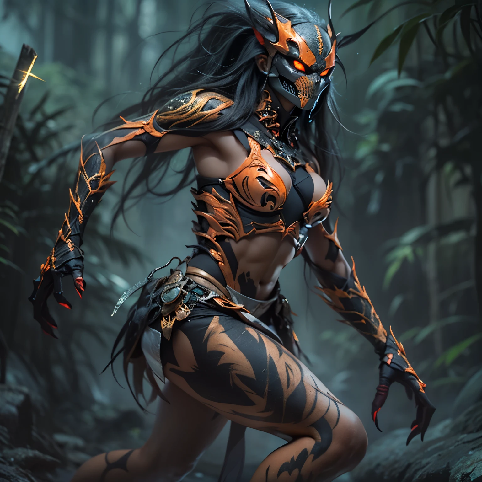 1 female alien, The predator, (extremely beautiful:1.2), (intense gaze:1.4), (predator:1.1), long dark claws, (NSFW:1), nipples, thick eyebrows, (She has shining orange eyes:1.2), the most beautiful face in the universe, jet black hair, symmetrical beautiful eyes, hyper detailed eyes,

A woman predator with an extremely beautiful face, her intense gaze fixed on her prey, a primal force that could not be denied.

(beautiful lean body:1.5), (muscular build:1.2), (prowling:1.3), (sleek movements:1.4)

Her beautiful body, muscular and toned, moved with sleek grace as she prowled, ready to strike at a moment's notice. The predator within her was always on,                                                                          
                                                                                                                                                               
 cinematic drawing of characters, ultra high quality model, cinematic quality, detail up, (Intricate details:1.2), High resolution, High Definition, drawing faithfully, Official art, Unity 8K wall , 8K Portrait, Best Quality, Very High resolution, ultra detailed artistic photography,