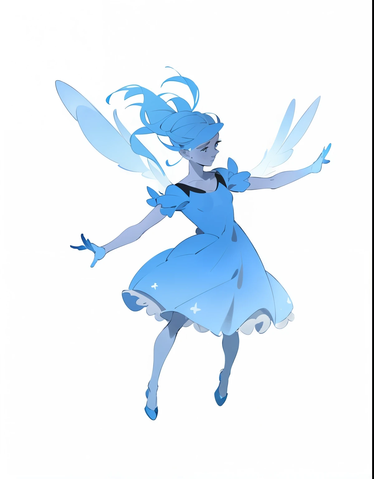 Young woman, blue dress, hair and dress fluttering in the wind