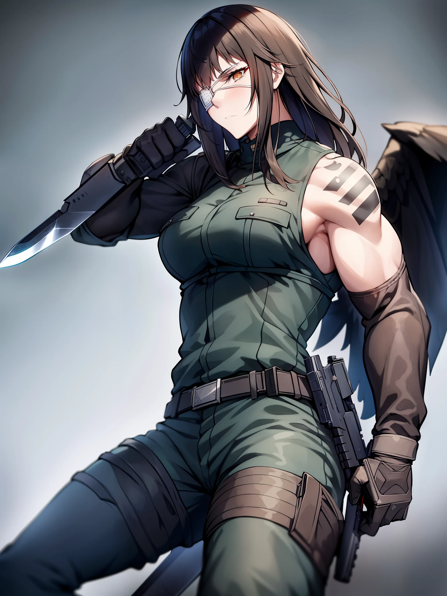 Jormungand、battlefield、１people、solo、sophia velmer、フィンランドpeople、軍peopleの家系、Major、black net、right eye patch、From his left shoulder to his shoulder blade, he has a tattoo of wings and a hand holding a knife.、（（（Muscular big-breasted mature woman ready for battle）））+++、（（（Muscular big-breasted mature woman ready for battle）））+++、With semi-long black hair、He wears a medical eyepatch over his right eye due to an injury sustained in a past battle.。Close combat with a knife、Finnish Defense Force Rapid Deployment Force(FRDF)- Belongs to the Mechanized Hunting Corps、double pistol with bayonet、Blushing and nosebleed、The battle is mostly a knife fight.。Mainly Ontario Mk.3（so-called mark 3 knife）are using。glock 17、Steer AUG A1、Firearms such as the Minimi light machine gun are also used.。