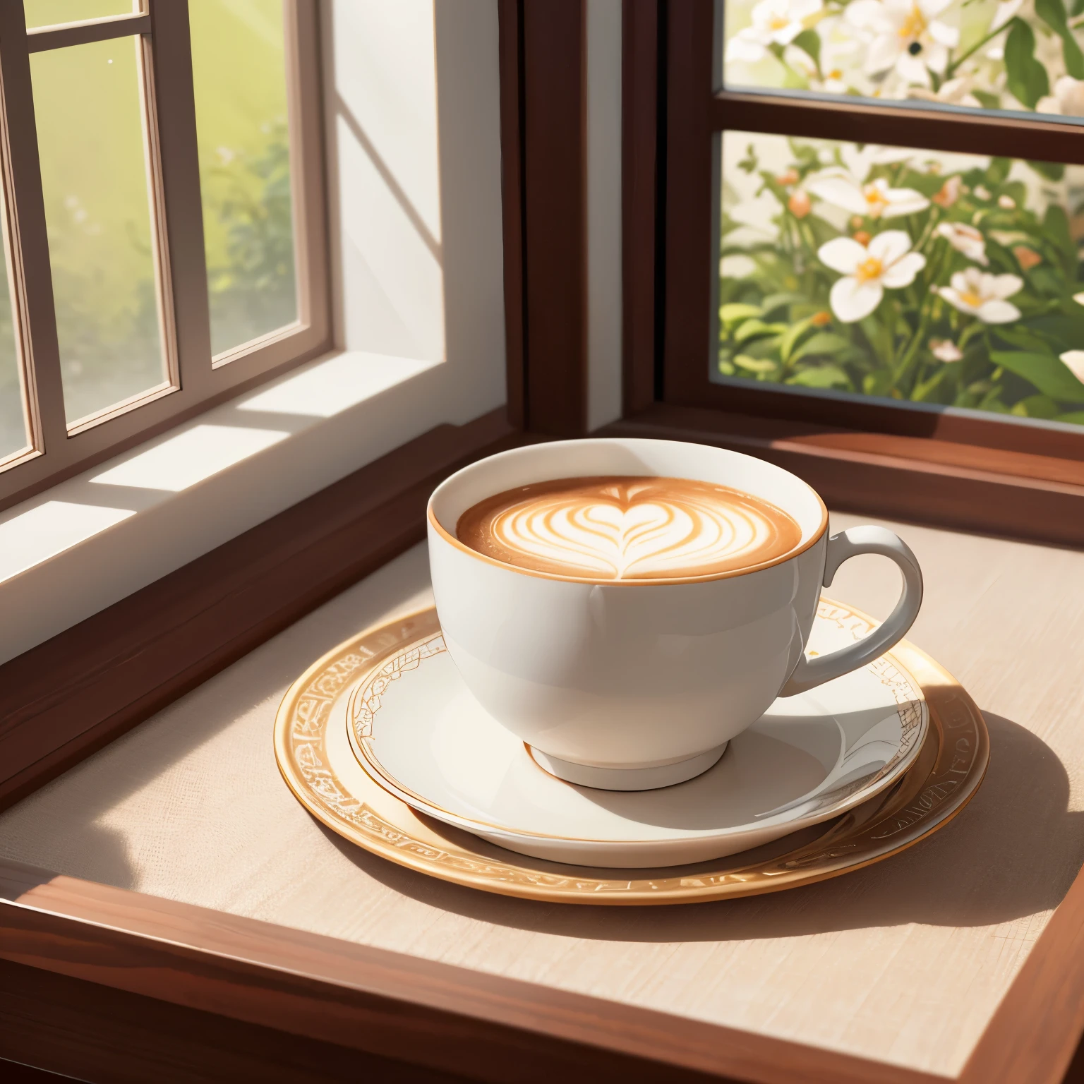 ultra detailed shot of a coffee cup with latte art, on serving tray with cookies, whimsical, ethereal, magical looking, soft light from a window, detailed and realistic cups, delicate chinese porcelain, 32k resolution, best quality,