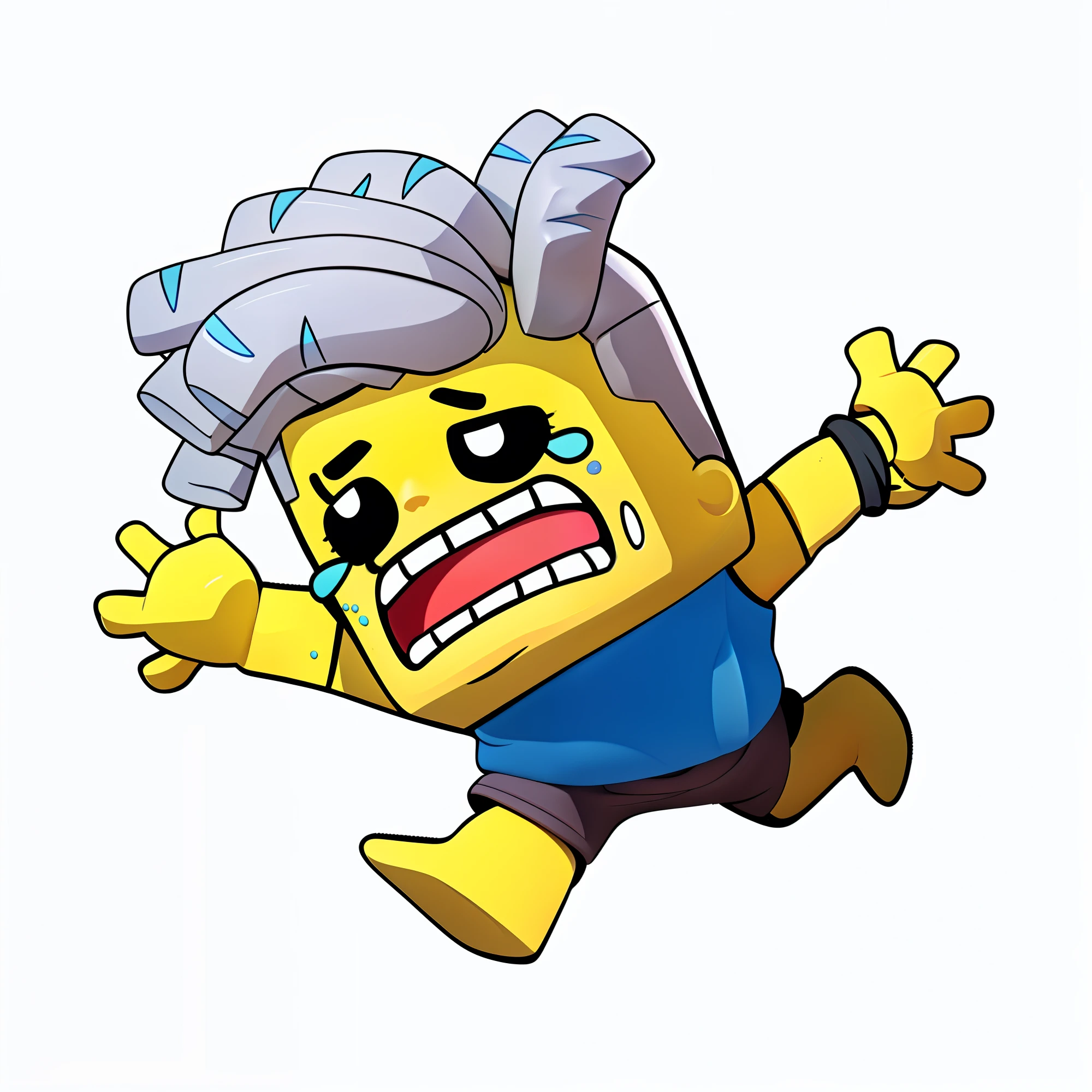 (masterpiece), (best quality), (Super detailed), (whole body: 1.2), 一个乐高Zombie，gray hair braids，blue tears on face，crying emoticon，Wronged，Pitiful，blue body，Open your mouth wide，Hands outstretched，Lego models，Zombie, Lovely,   3D clay rendering, White background, (Beautiful and delicate face), (beautiful details eyes),stylized anime, Very detailed characters, advanced digital chibi art, anime stylization, Works of art in the Guvez style, Anime cute art style, Lovely角色, plan, portrait of little person, Produced by Anime Painter Studio, a boy, chibi, Lovely, wearing hat，holding handgun，shooting