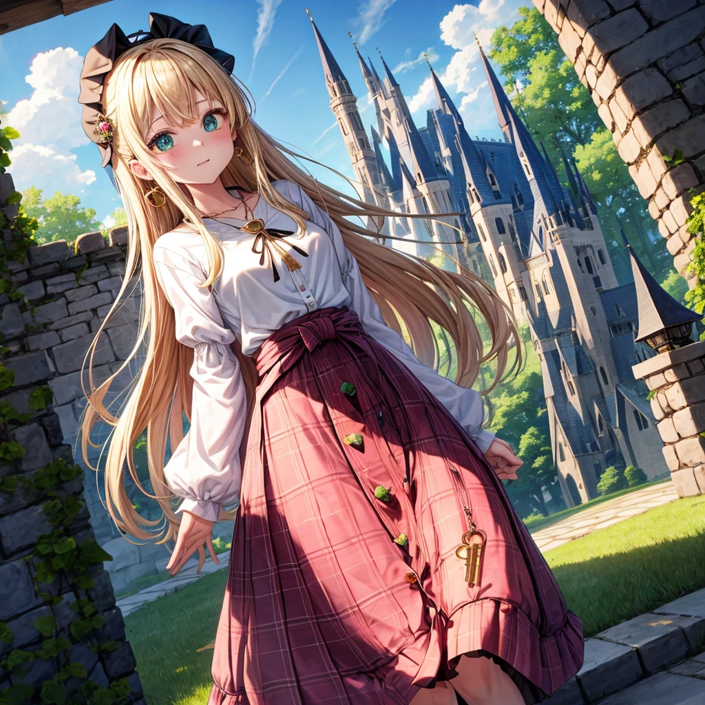 pink blonde、green eyes、one good looking girl、solo、anime、plaid mini skirt、the skirt has buttons、black camisole、black t-shirt、dress、wearing a ribbon、ribbon at waist、cloak、hood、clouds are swirling、stone slabs are piled up、one hand raised、crystal earrings、sun、teeth are visible、splash of water、vegetable garden、monster castle、ceiling、golden key、jewelry necklace、Light and shadow