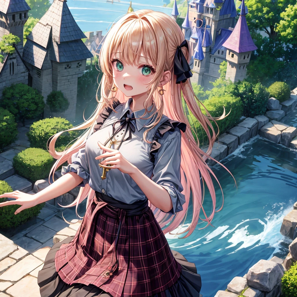 pink blonde、green eyes、one good looking girl、solo、anime、plaid mini skirt、the skirt has buttons、black camisole、black t-shirt、dress、wearing a ribbon、ribbon at waist、cloak、hood、clouds are swirling、stone slabs are piled up、one hand raised、crystal earrings、sun、teeth are visible、splash of water、vegetable garden、monster castle、ceiling、golden key、jewelry necklace、Light and shadow