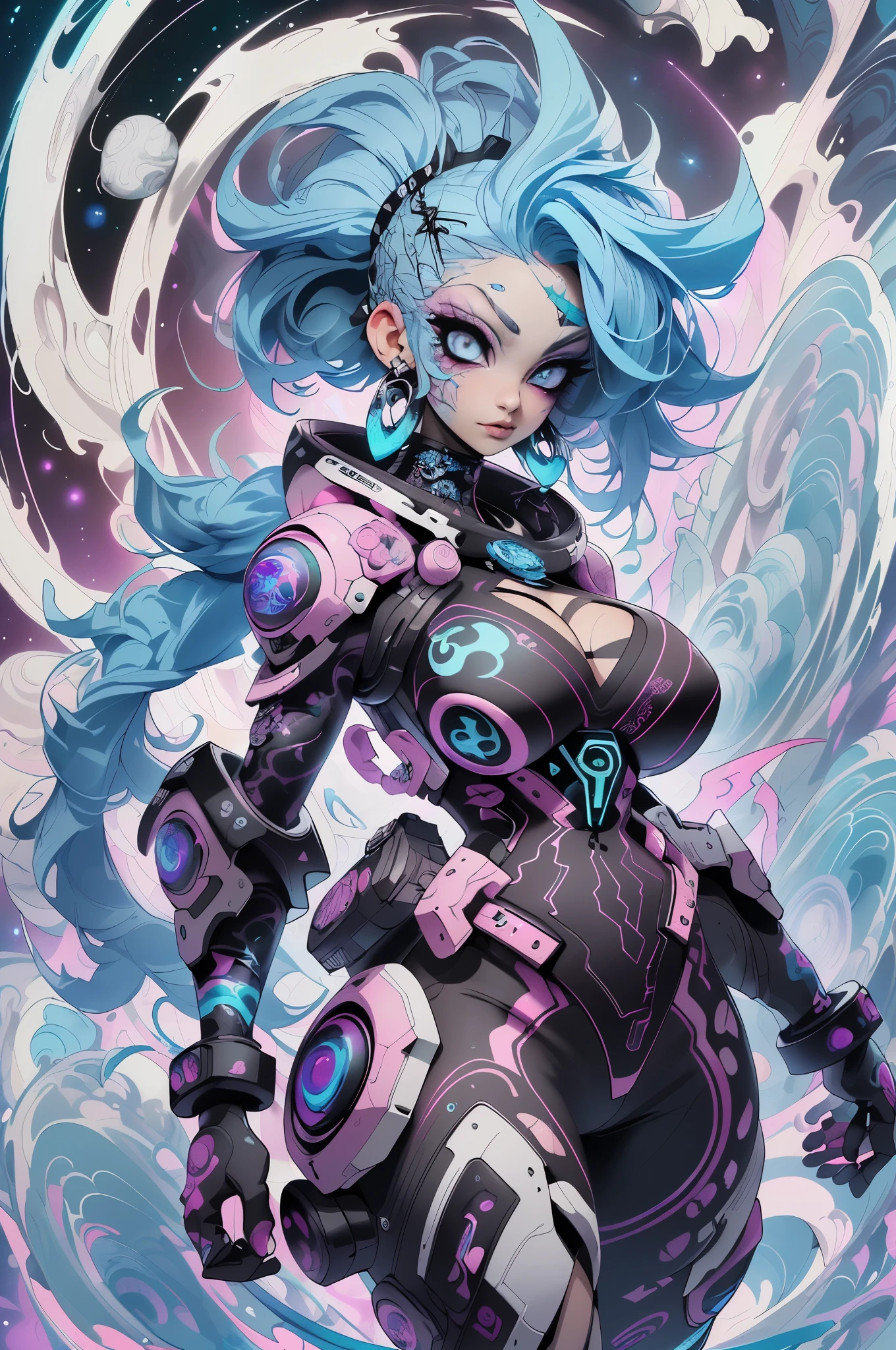 Rarity Cyborg Girl, Rarity of My Little Pony, bio organism, not human, mechanical parts, Curled hair, lush hair, long hair, bionic body parts, missing skin, completely cyborg, cybernetic organism, mnhpnic arms, mechanical legs, red glowing eye, full growth, full body, very detailed, ultra 8k quality, broken parts, holes in mechanisms, not a living organism, Runes and blue magic,  Lots of purple and white, purple lights, rhinestones and diamonds, amethyst earrings, lots of magic