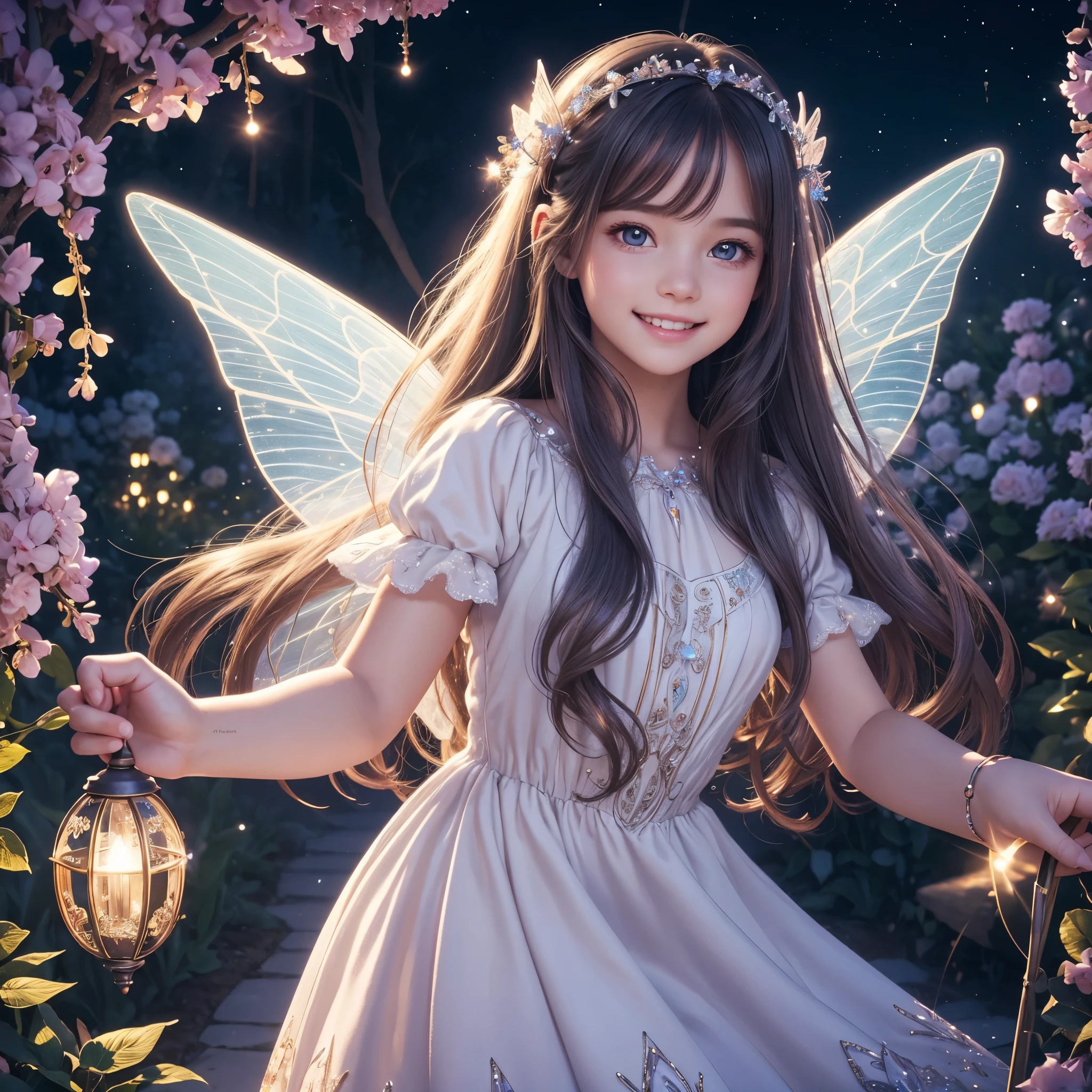 best quality,ultra-detailed,realistic:1.37,long hair,playful smile,innocent expression,young girl,beautiful detailed eyes,beautiful detailed lips,dress,fairy wings,tooth fairy,sparkling magic dust,nighttime atmosphere,mysterious shadows,dreamy garden background,soft pastel colors,enchanting lighting
