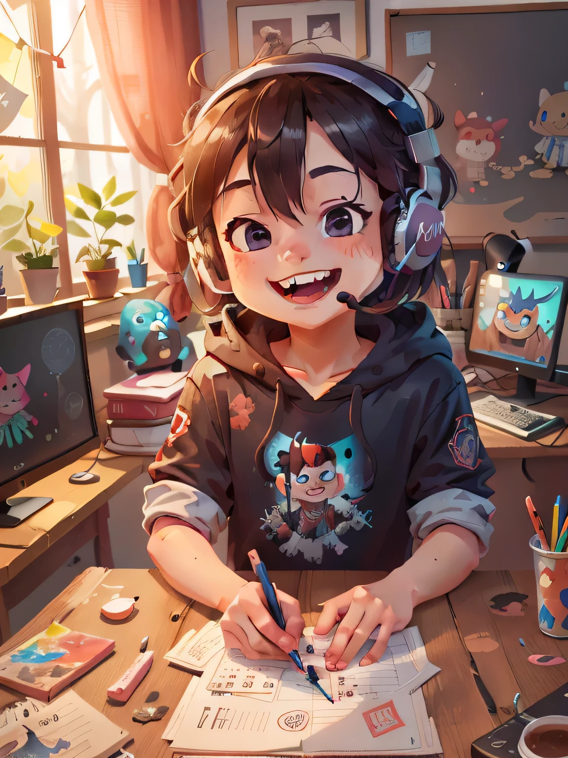 high detal、Art Learning、Smiling vampire Gamerboy,Happy look、Perfect hands, RGB ,Monitors、headset on head, Art work on background monitor、livestream、Paint on the desk、Art works in the room