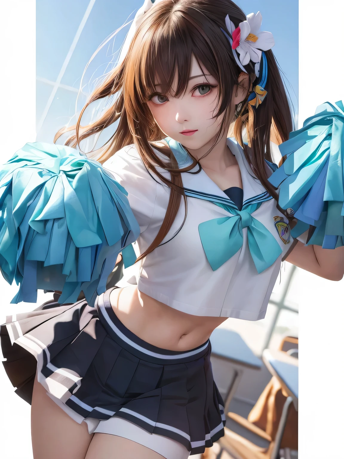 masterpiece, highest quality, Super detailed, shape, colorful, The color has faded, written boundary depth, Lens flare,
1 girl, anime, black hair, looking at the viewer,School, classroom、Cheerleader, pleated mini skirt , School uniform, serafuku,, Fine skin texture, fine fabric texture, beautiful and detailed face,