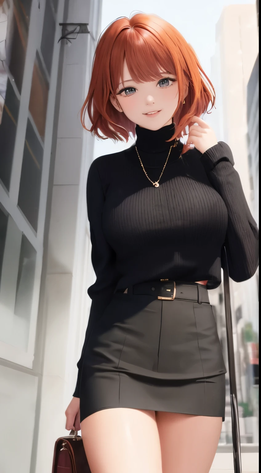 Masterpiece, Best quality, ultra detailed, Beautiful lighting, Woman, black leggings, Orange hair, (Green eyes:1.3), (Black sweater:1.2), turtleneck, get up, in the park, beautiful landscape, shows off her juicy ass, light blush, smiling, (nice smile:1,1), (glossy lips:1.1), (Beautiful eyes:1.1), wonderful backround, closed mouth, weapon_behind_back, short hair HD HQ UHD