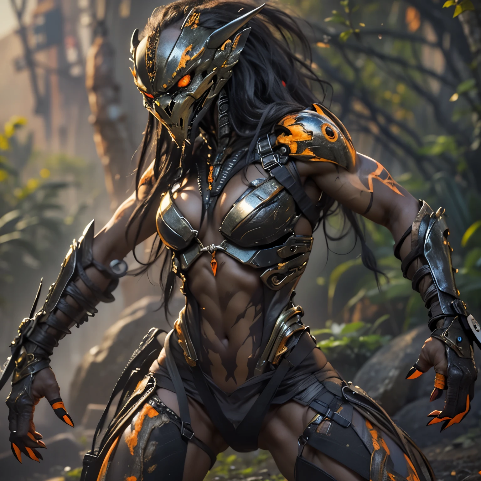 1 female alien, The predator, (extremely beautiful:1.2), (intense gaze:1.4), (predator:1.1), long dark claws, (NSFW:1), nipples, thick eyebrows, (She has shining Amber orange eyes:1.2), the most beautiful face in the universe, jet black hair, symmetrical beautiful eyes, hyper detailed eyes,

A woman predator with an extremely beautiful face, her intense gaze fixed on her prey, a primal force that could not be denied.

(beautiful lean body:1.5), (muscular build:1.2), (prowling:1.3), (sleek movements:1.4)

Her beautiful body, muscular and toned, moved with sleek grace as she prowled, ready to strike at a moment's notice. The predator within her was always on,                                                                          
                                                                                                                                                               
 cinematic drawing of characters, ultra high quality model, cinematic quality, detail up, (Intricate details:1.2), High resolution, High Definition, drawing faithfully, Official art, Unity 8K wall , 8K Portrait, Best Quality, Very High resolution, ultra detailed artistic photography,