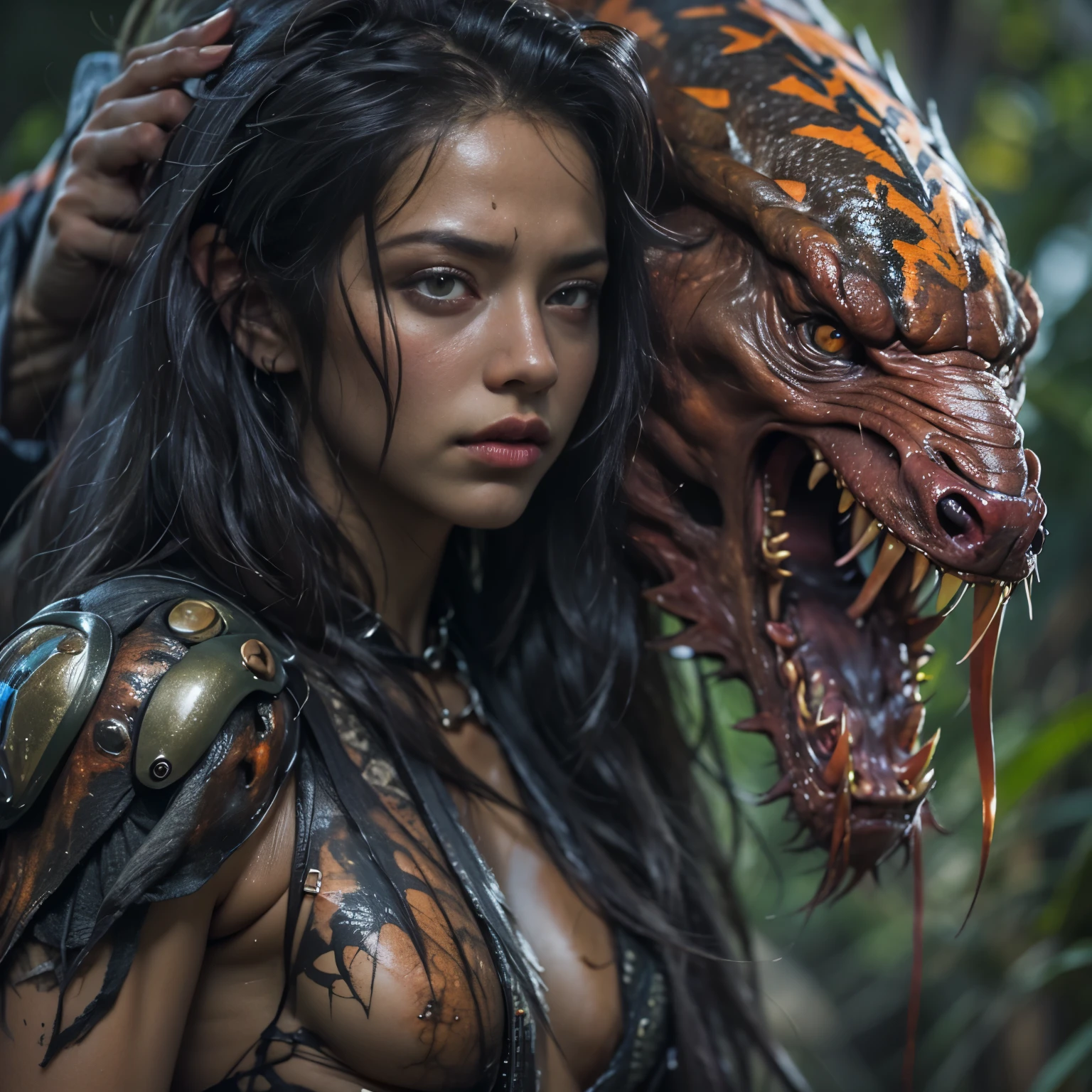 1 female alien, The predator, (extremely beautiful:1.2), (intense gaze:1.4), (predator:1.1), long dark claws, (NSFW:1), nipples, thick eyebrows, (She has shining Amber orange eyes:1.2), the most beautiful face in the universe, jet black hair, symmetrical beautiful eyes, hyper detailed eyes,

A woman predator with an extremely beautiful face, her intense gaze fixed on her prey, a primal force that could not be denied.

(beautiful lean body:1.5), (muscular build:1.2), (prowling:1.3), (sleek movements:1.4)

Her beautiful body, muscular and toned, moved with sleek grace as she prowled, ready to strike at a moment's notice. The predator within her was always on,                                                                          
                                                                                                                                                               
 cinematic drawing of characters, ultra high quality model, cinematic quality, detail up, (Intricate details:1.2), High resolution, High Definition, drawing faithfully, Official art, Unity 8K wall , 8K Portrait, Best Quality, Very High resolution, ultra detailed artistic photography,