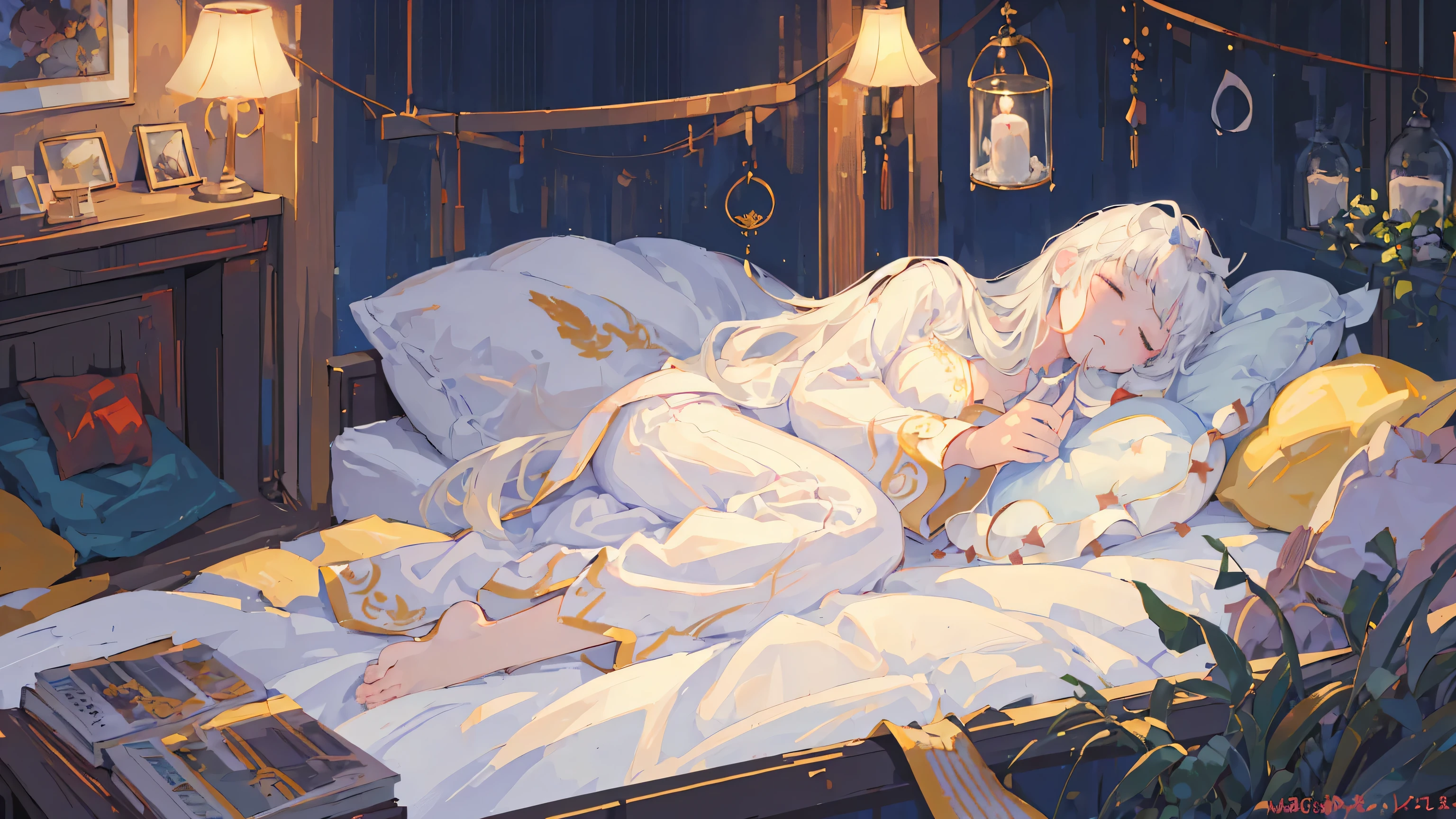 (masterpiece, high quality, detailed), 1 woman, (close one'eye:1.2), (peaceful sleeping face:1.5), big fluffy hair, long hair,, busty, baggy white pajamas, in bed, There are a lot of pillows, dreamy, comfortable, night time, enlargement