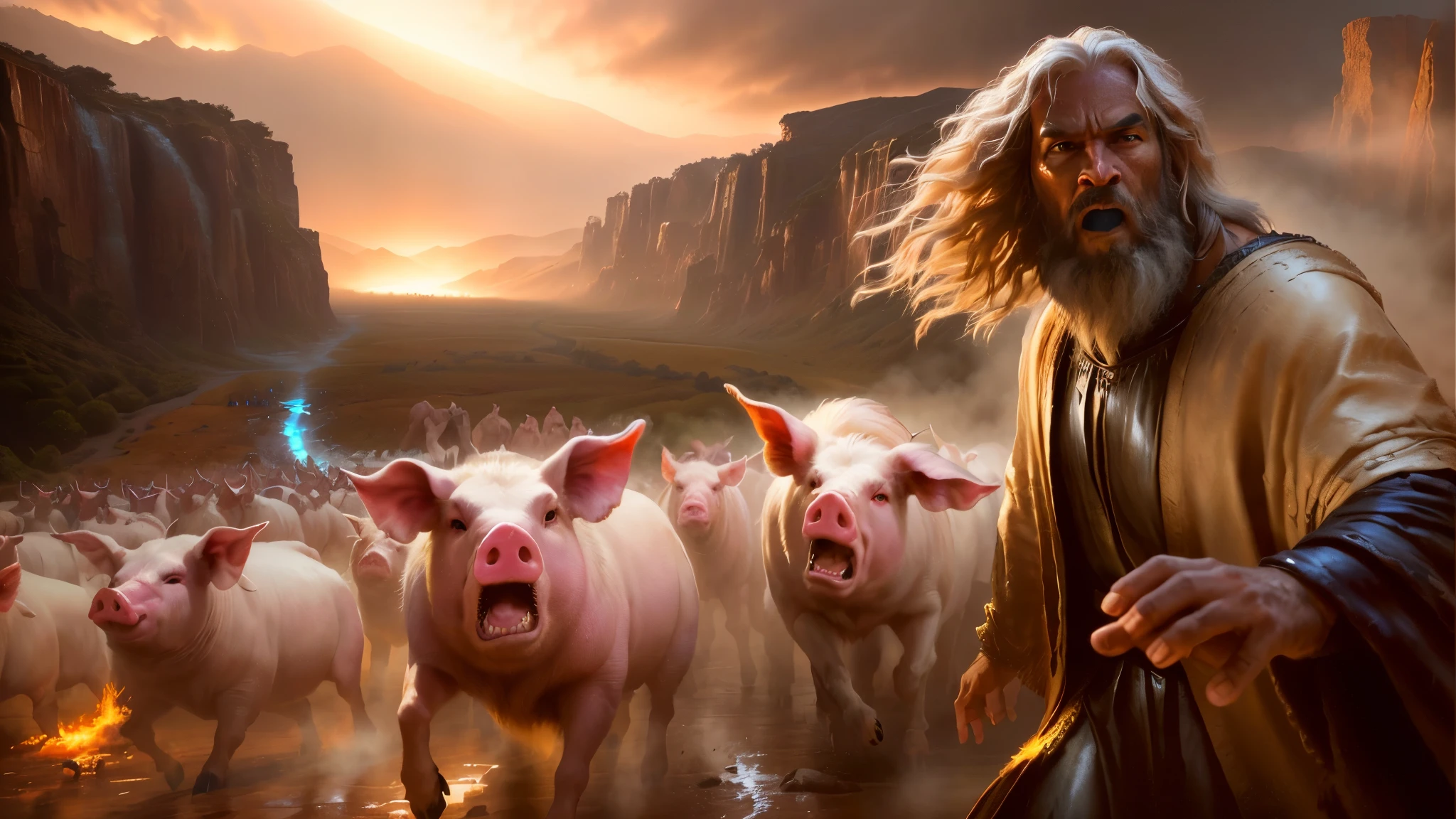 arafed image of a man leading a herd of pigs, prehistoric hell pigs, epic biblical depiction, rob mcnaughton, epic surrealism 8k oil painting, by Krzysztof Boguszewski, by Matt Stewart, pigs, biblical epic movie, rick baker, by László Balogh, rob rey, cgi art