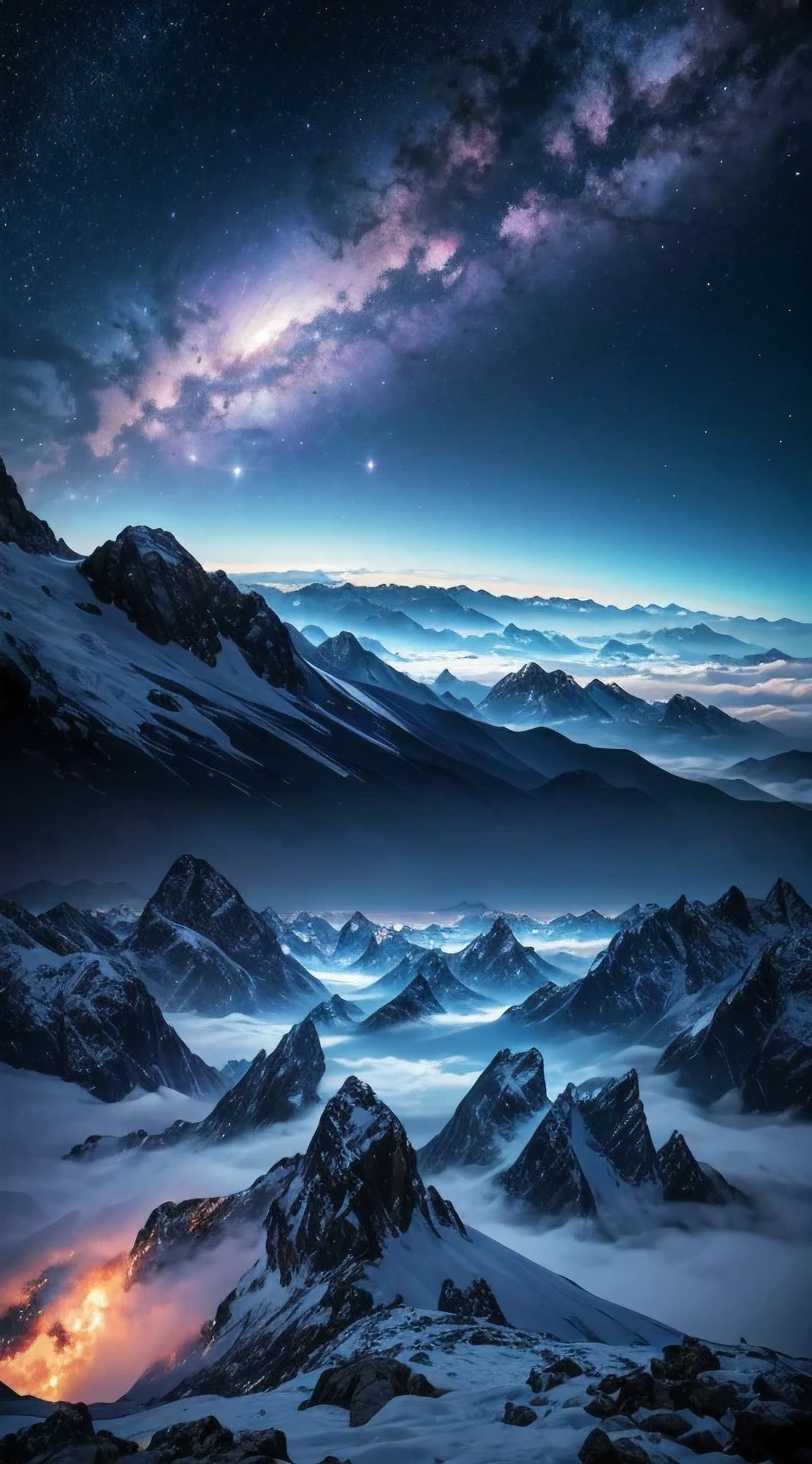 Ultra wide camera , wide range ,nebula in the sky , from mountain view, high detailed realistic