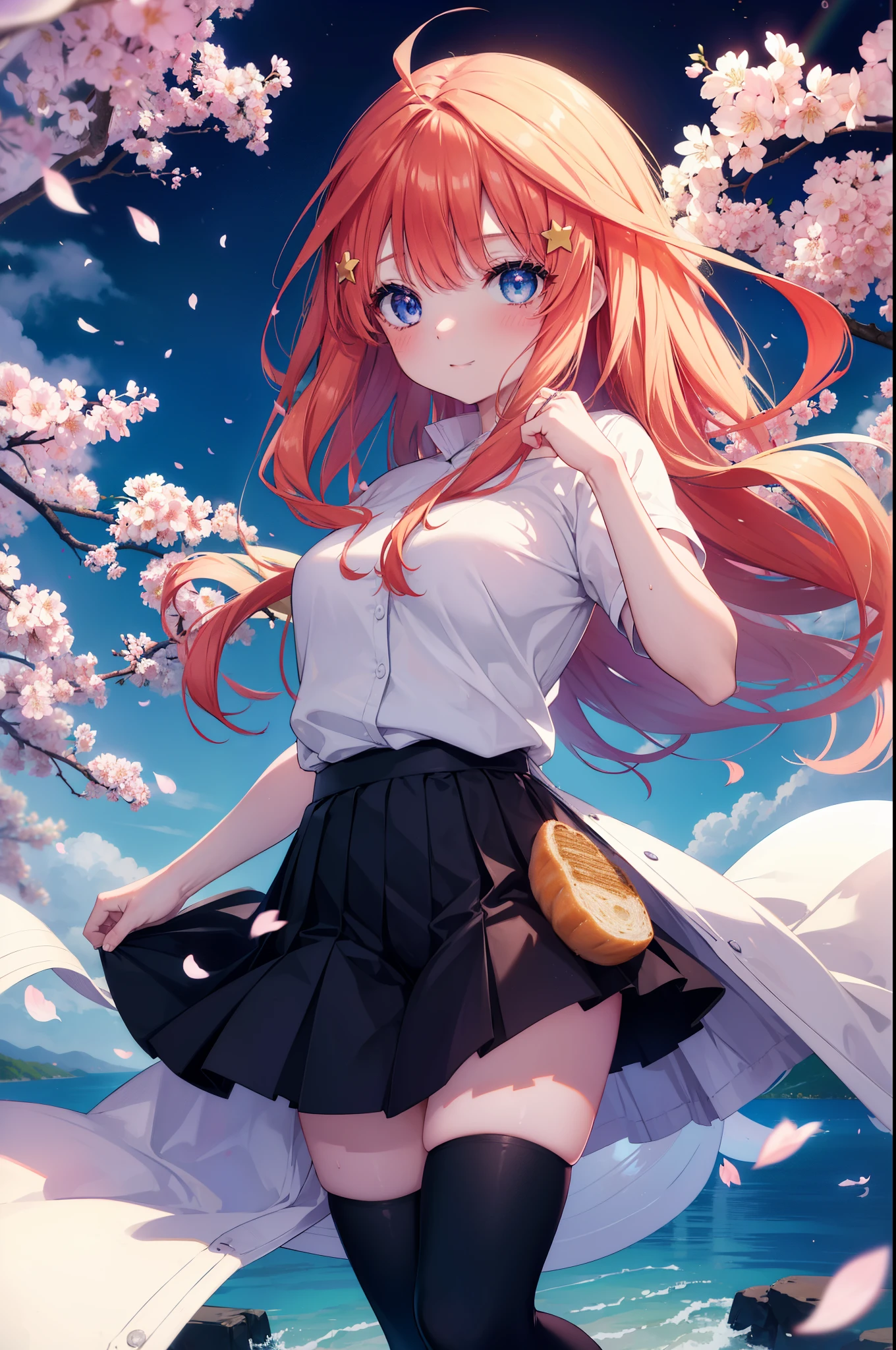 itsukinakano, Itsuki Nakano, bangs, blue eyes, hair between eyes, Ahoge,long hair,short braided hair, redhead, star \(symbol\), smile,blush,happy atmosphere,hair ornaments, star hair ornaments,white sweater,red long coat,black long skirt,black pantyhose,short boots,anime girl with bag of food and bread,cherry blossoms are blooming,Tsukimi cherry blossoms,Cherry blossoms are scattered,night,moonlight,walking,moonlightで桜を照らしてる,
break outdoors, Destroying the cherry tree-lined road (masterpiece:1.2), highest quality, High resolution, unity 8k wallpaper, (figure:0.8), (detailed and beautiful eyes:1.6), highly detailed face, perfect lighting, Very detailed CG, (perfect hands, perfect anatomy),