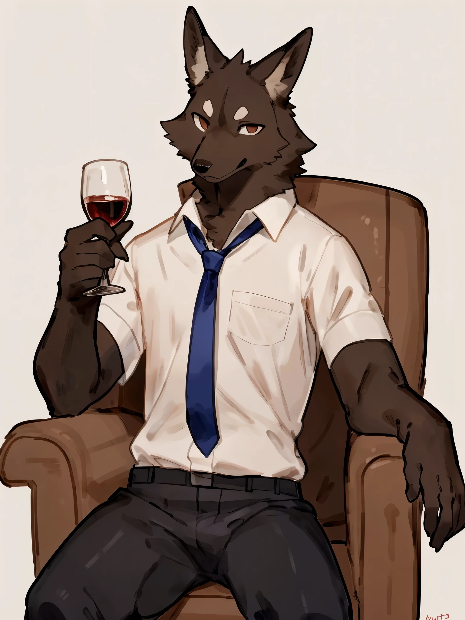((By Buta99, by Bebebebebe, best quality, masterpiece, perfect anatomy)), solo, 1male, skinny chb body, young, Wolf, dark brown furs, tail, dark brown eyes, slit pupils, holding a glass of wine, unbuttoned dress shirt, tie undone, social pant, social shoes, sitting on luxurious armchair, in the white background
