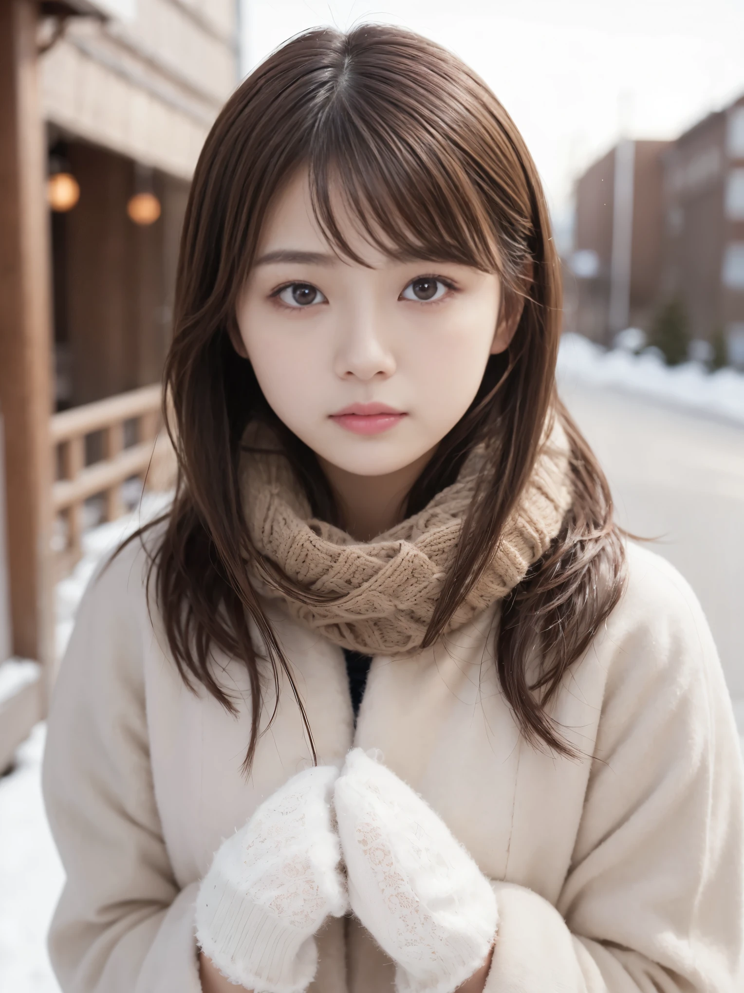 (best image quality、8k、masterpiece：1.3))、Realistic high quality photos、highest quality、pretty girl～well-groomed face、25 year old beautiful Japan woman、slim model photos、big breasted model、若いjapanese girl、young and cute face、japanese girl、25 year old female model、beautiful model girl、The innocent look of the girl next door、nice delicate face、brown hair、beautiful brown eyes、tear bag、drooling eyes、young body、coat, scarf, gloves, winter