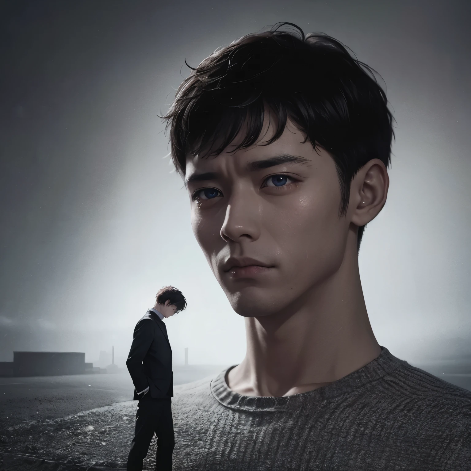 lonely man、red eyes、tears、sad、crazy、painful、smile