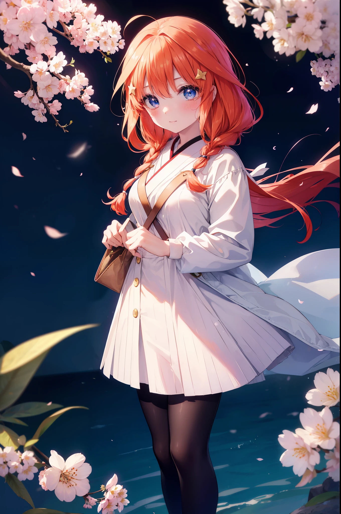 itsukinakano, Itsuki Nakano, bangs, blue eyes, hair between eyes, Ahoge,long hair,short braided hair, redhead, star \(symbol\), smile,blush,happy atmosphere,hair ornaments, star hair ornaments,white sweater,red long coat,black long skirt,black pantyhose,short boots,anime girl with bag of food and bread,cherry blossoms are blooming,Tsukimi cherry blossoms,Cherry blossoms are scattered,night,moonlight,walking,moonlightで桜を照らしてる,
break outdoors, Destroying the cherry tree-lined road (masterpiece:1.2), highest quality, High resolution, unity 8k wallpaper, (figure:0.8), (detailed and beautiful eyes:1.6), highly detailed face, perfect lighting, Very detailed CG, (perfect hands, perfect anatomy),
