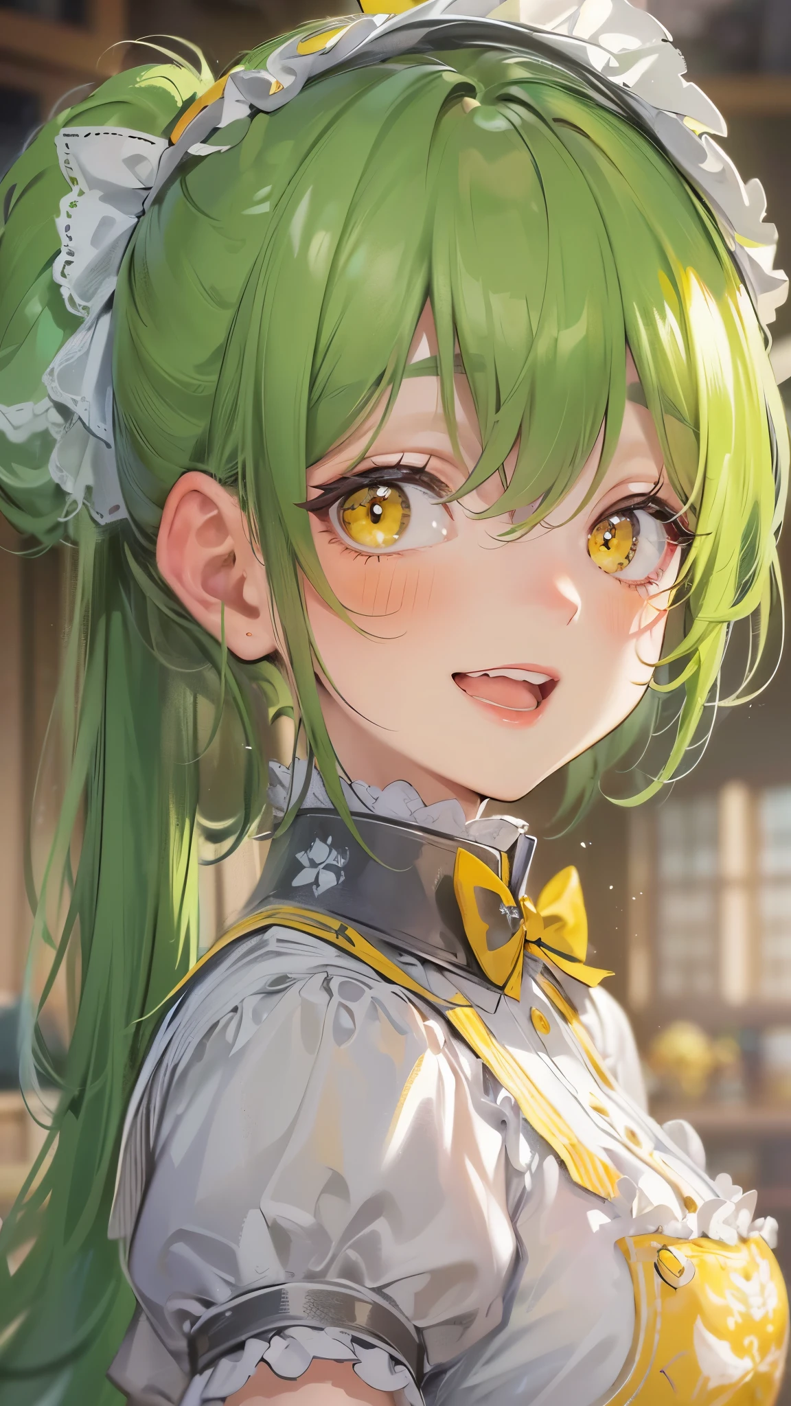 perfect anatomy, masterpiece:1.2, best quality, 8k, beautiful detailed grow, daydreaming expression, frontal (solo ponytail green hair long hair divine cute girl, 14 yo, detailed yellow eyes), smile open mouth, in a maid uniform, break, in the enchanted room.