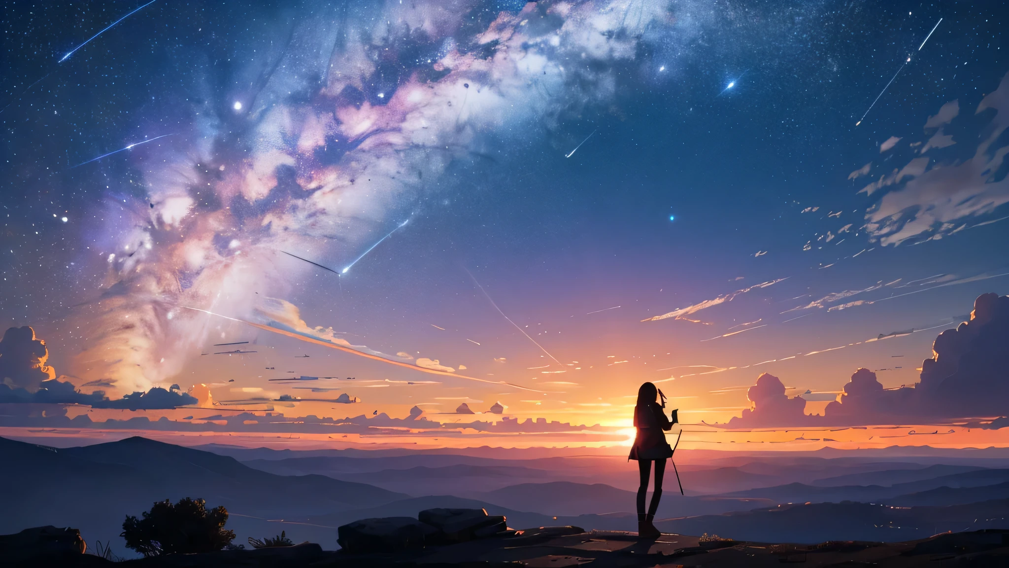 masterpiece, highest quality, Sunset colored sky, hills, ,milky way,cloud, full moon, long hair fluttering in the wind, woman, silhouette, firefly.Wide sky,wear headphones,shooting star