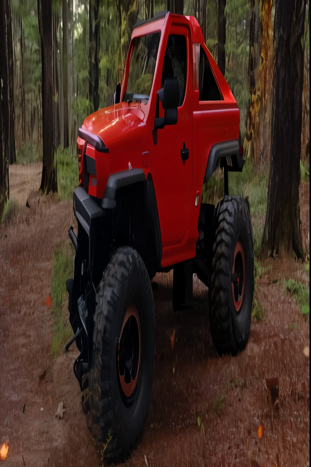 there is a red truck that is parked in the woods, off - road, off-roading, full - body - front - shot, jeep in background, front side full, front side views full, red shell. dirt track, front side, front shot, full body shot close up, soft top roof raised, a retropunk naturewave defender, front lit
