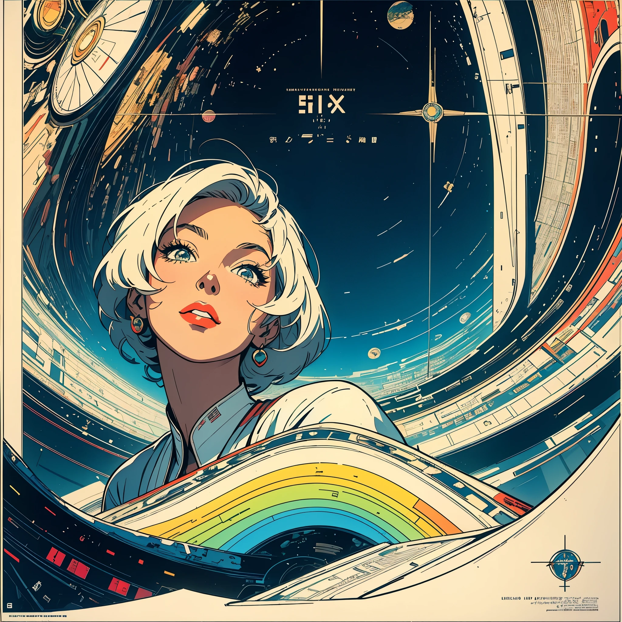 (masterpiece, highest quality), 32k,(A very detailed beautiful woman), poster,science fiction,1960s,1970s,bauhaus, shape, OK, abstract, propaganda,movie poster, vintage,retro,futuristic,anime,ultimate map,Perfect rainbow,highlight,angle from below,