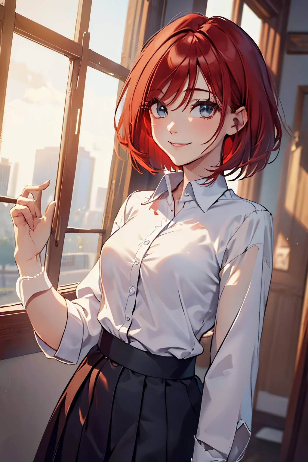 { masterpiece : best quality : high resolution : unity 8k wallpaper : illustration : beautiful detailed eyes : extremely detailed face : perfect lighting : extremely detailed CG : perfect hands : perfect anatomy } { Will Vandom, short red hair , white collar shirt, black skirt, solo, smiling, looking at viewer, cinematic composition, cutest pose, full body image , }