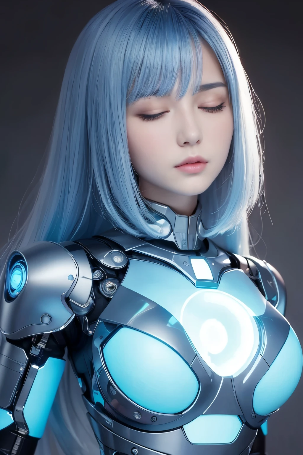 (highest quality, High resolution, masterpiece:1.2), Super detailed, realistic:1.37, (perfect anatomy),1 girl,(Close-up), robot factory,lots of monitors,japanese model,22 year old female model,super cute face,Transform into a cute cyborg.bangs、light blue hair、beaver、middle hair、straight hair,slim and beautiful body、beautiful breasts、(Close ~ eyes:1.7),(charging:1.3) ,(Tight, futuristic light blue bionic plastic body) , magic necklace,