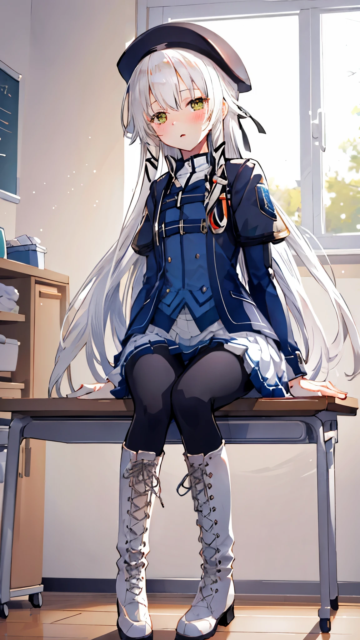 [[3d rendering]],masterpiece,((best quality)),Very detailed,illustration, ), 1 girl, whole body, long hair, alone, Capulet, [sitting], pantyhose, Berets, hair between eyes, Bangs, jacket, lace up boots, mini skirt, , looking at the audience,blush害羞，classroom scene，((absurd)), ((on the table)), (best quality), (lens flare), (Super detailed), (beautiful), ((cute girl)), alone, beautiful face, White skin, on the table, (10 years old: 1.3), , 、A girl goes to the toilet、 permanent, is crying, close her eyes, tears flow from eyes, Embarrassment comes from, blush), (girl is peeing: 1.2),, look away, sitting, Awkward, blush, The mouth opens slightly, classroom (girl leaking urine): 1.5)