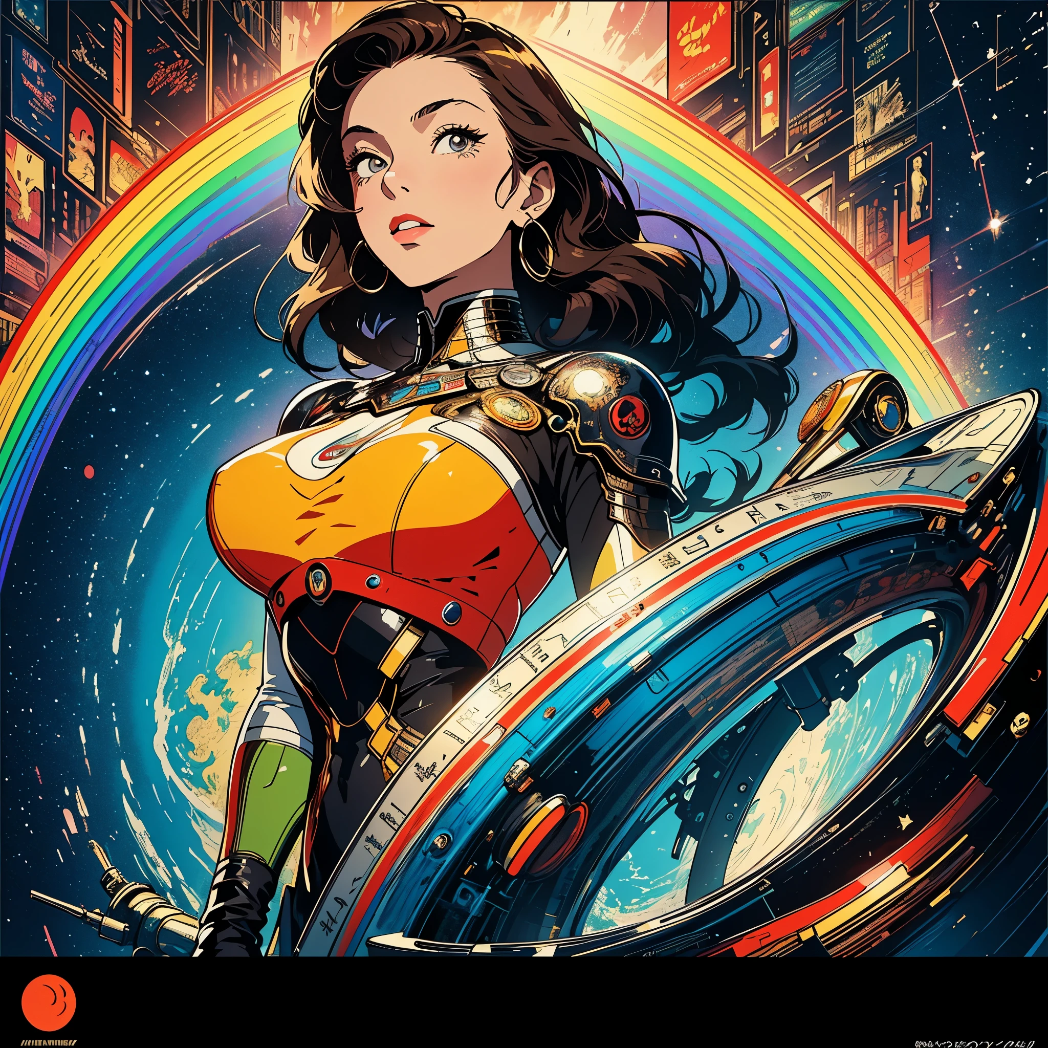 (masterpiece, highest quality), 32k,(A very detailed beautiful woman), poster,science fiction,1960s,1970s,bauhaus, shape, OK, abstract, propaganda,movie poster, vintage,retro,futuristic,anime,ultimate map,Perfect rainbow,highlight,angle from below, brown hair,