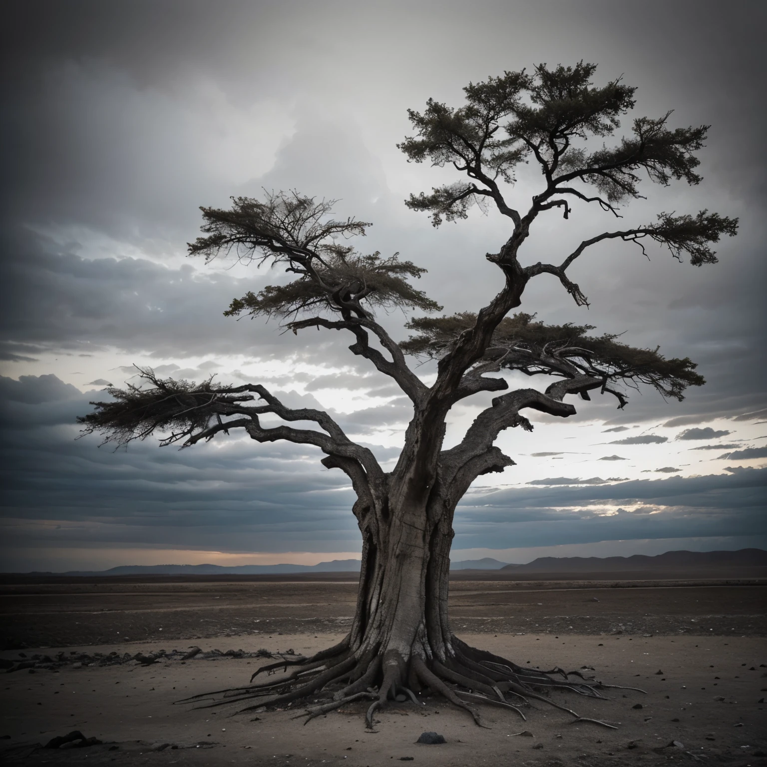 Visualize an ancient tree, its gnarled and twisted trunk telling a story of centuries past. The tree stands alone in a barren landscape, its branches reaching out like crooked fingers against the backdrop of a gray, overcast sky. The bark is weathered and worn, showing the scars of time and hardship. Despite its age, the tree stands tall, a silent witness to the passage of time and the harsh realities of life