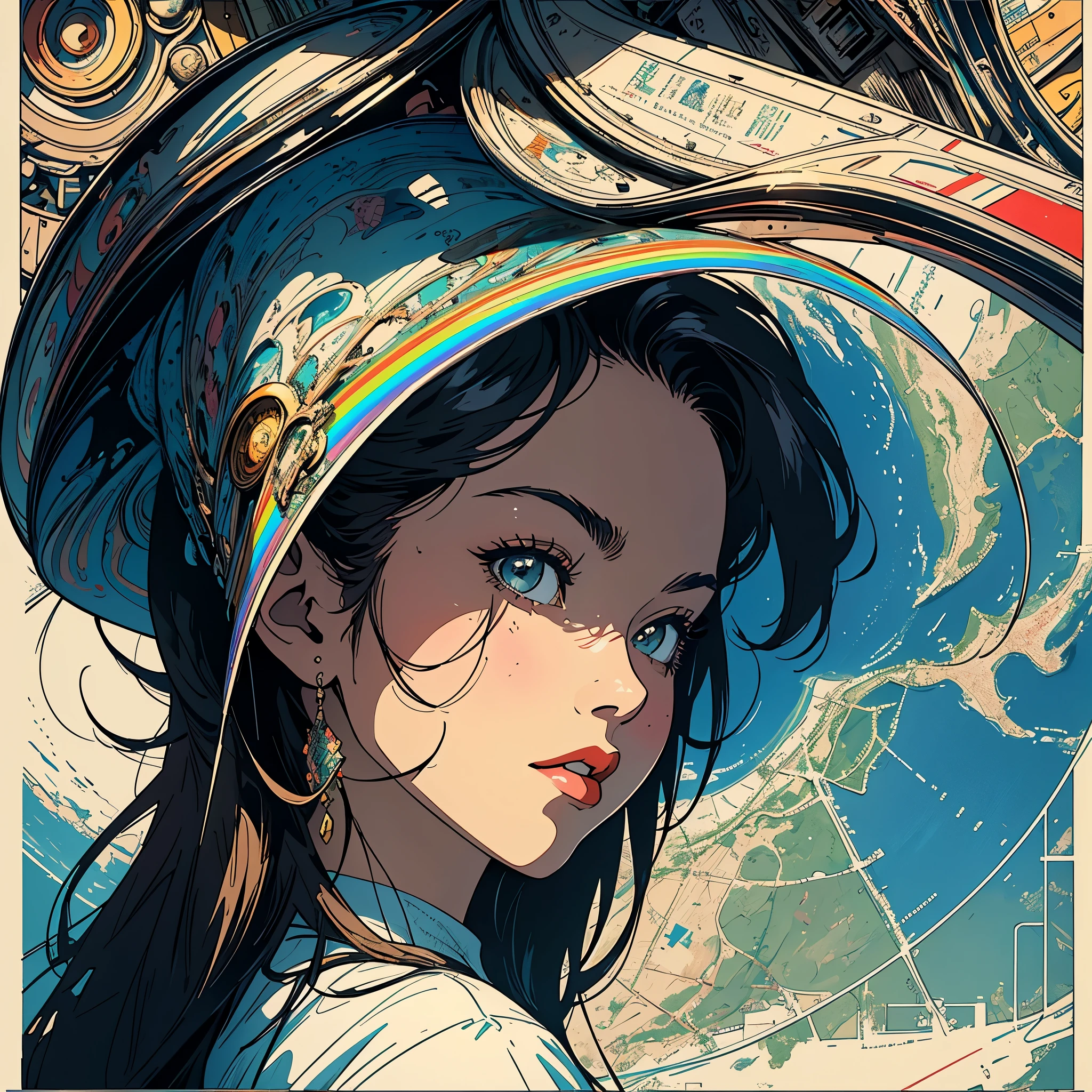 (masterpiece, highest quality), 32k,(A very detailed beautiful woman), poster,science fiction,1960s,1970s,bauhaus, shape, OK, abstract, propaganda,movie poster, vintage,retro,futuristic,anime,ultimate map,Perfect rainbow,highlight,angle from below,amazing hair,