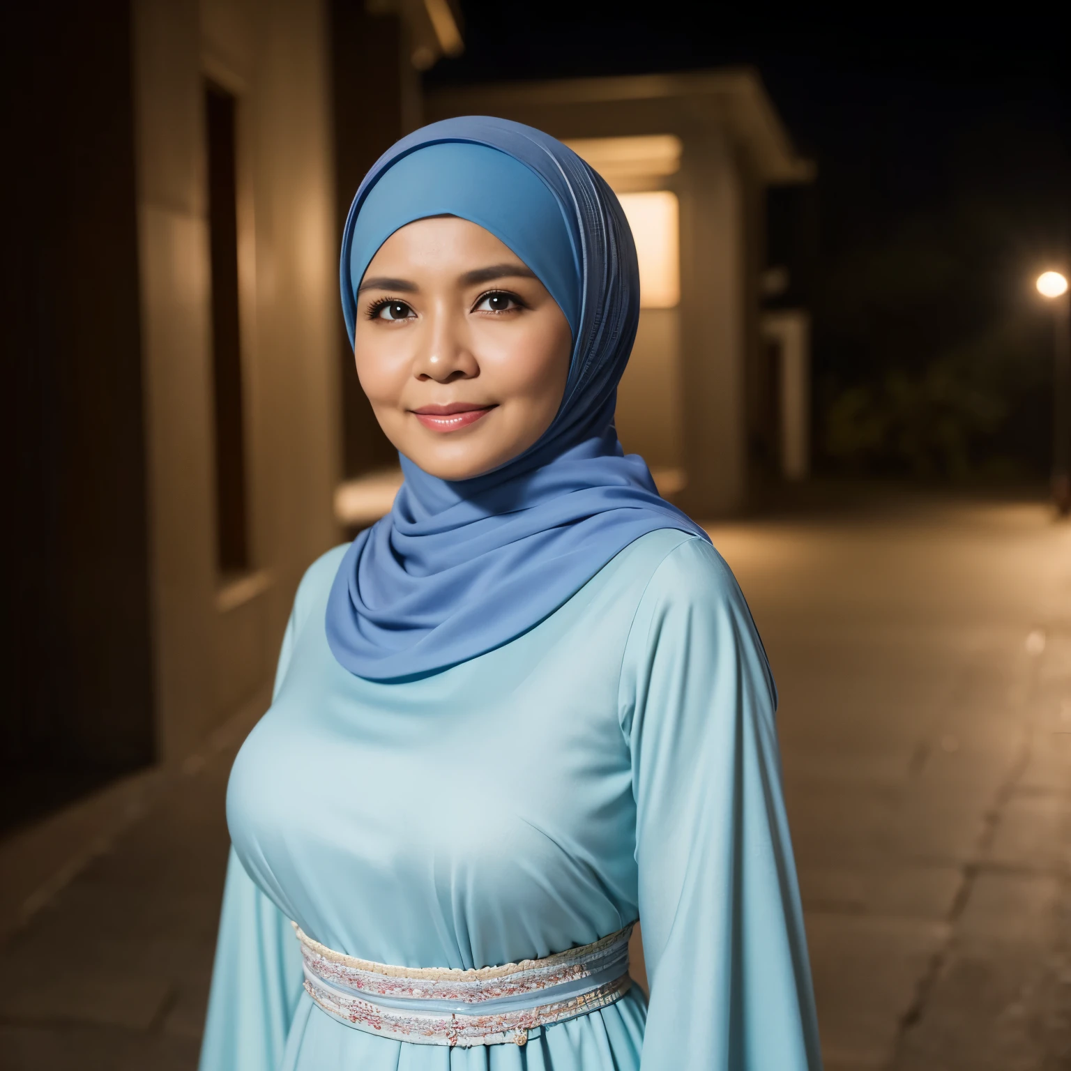 56 Years old, Indonesian mature woman, wearing Wide Hijab, perfect , natural Gigantic breast : 96.9, gorgeous eyes, Soft smile, wear a Gamis, Tight Gamis, Diamond Necklace, Breast about to burst Out, Nightime walk, Excellent Soft light, Light Time, Full Body Shot