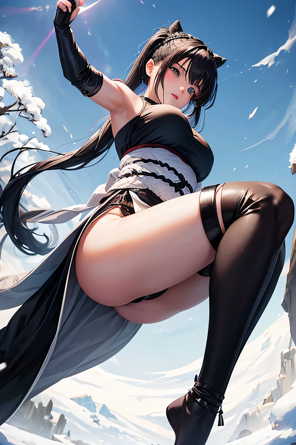 snow、black loincloth、吹snow、Beautiful Female Ninja、Black Hair Upstyle、((whole body))、(((photo taken from below)))、snowの原野